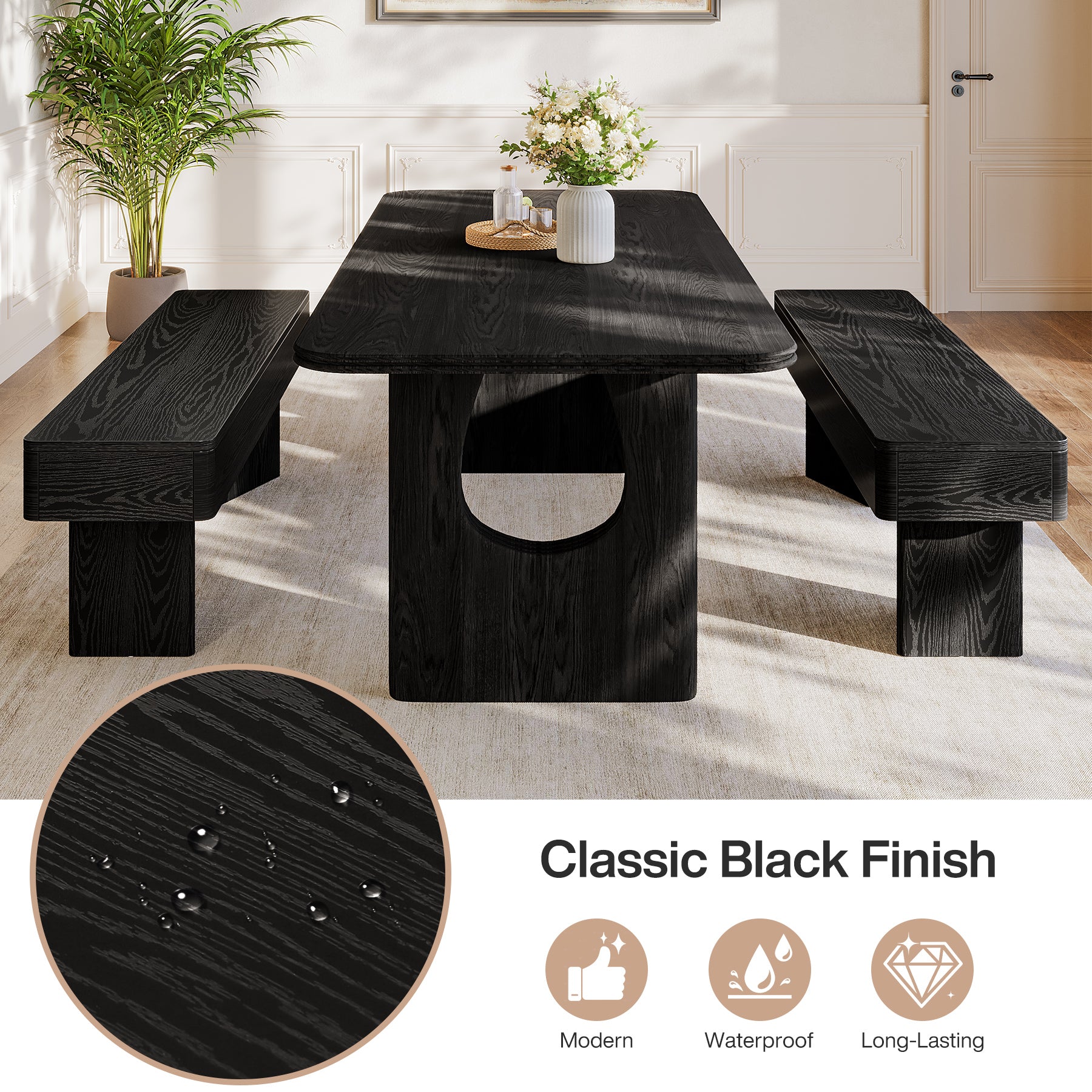 47.24-Inch Black Kitchen Table Bench with Rounded Edges, Modern Dining Bench for Dining Room
