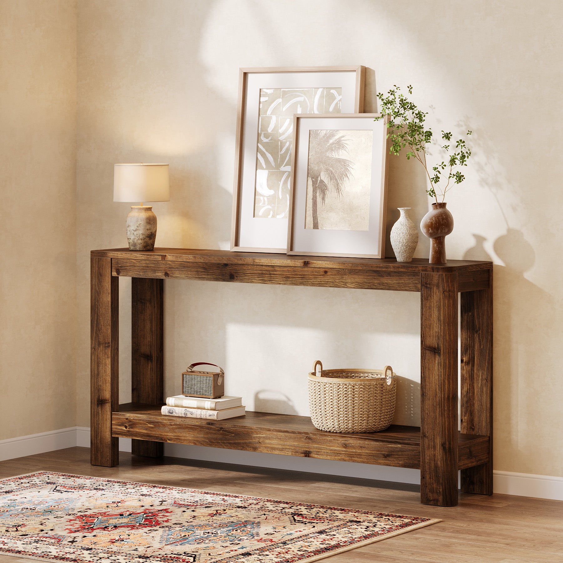 63" Console Table, Solid Wood Farmhouse Sofa Table with 2-Tier Storage