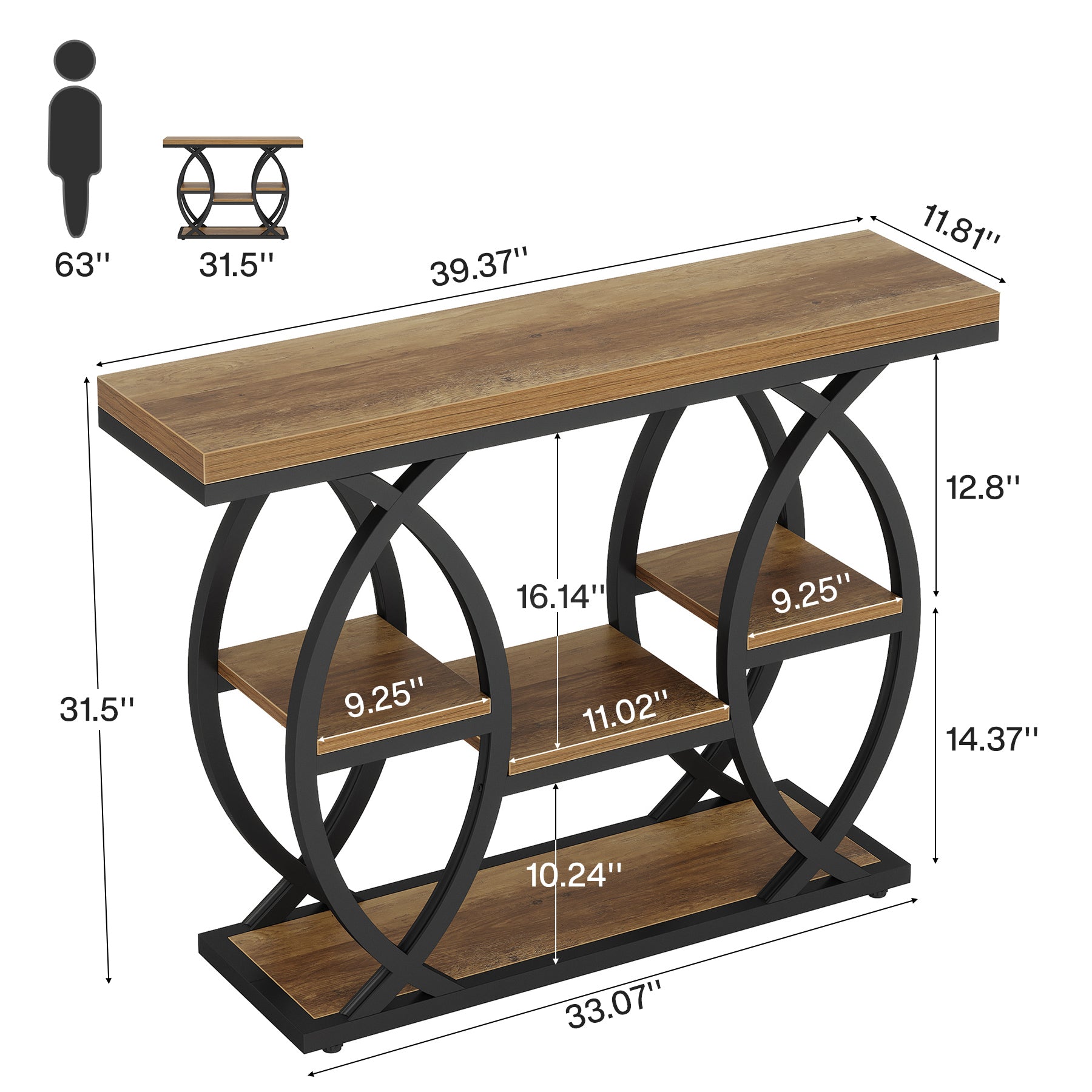 39.4" Industrial Console Table - 4-Tier Narrow Sofa Table with Metal Frame & Storage, Rustic Brown