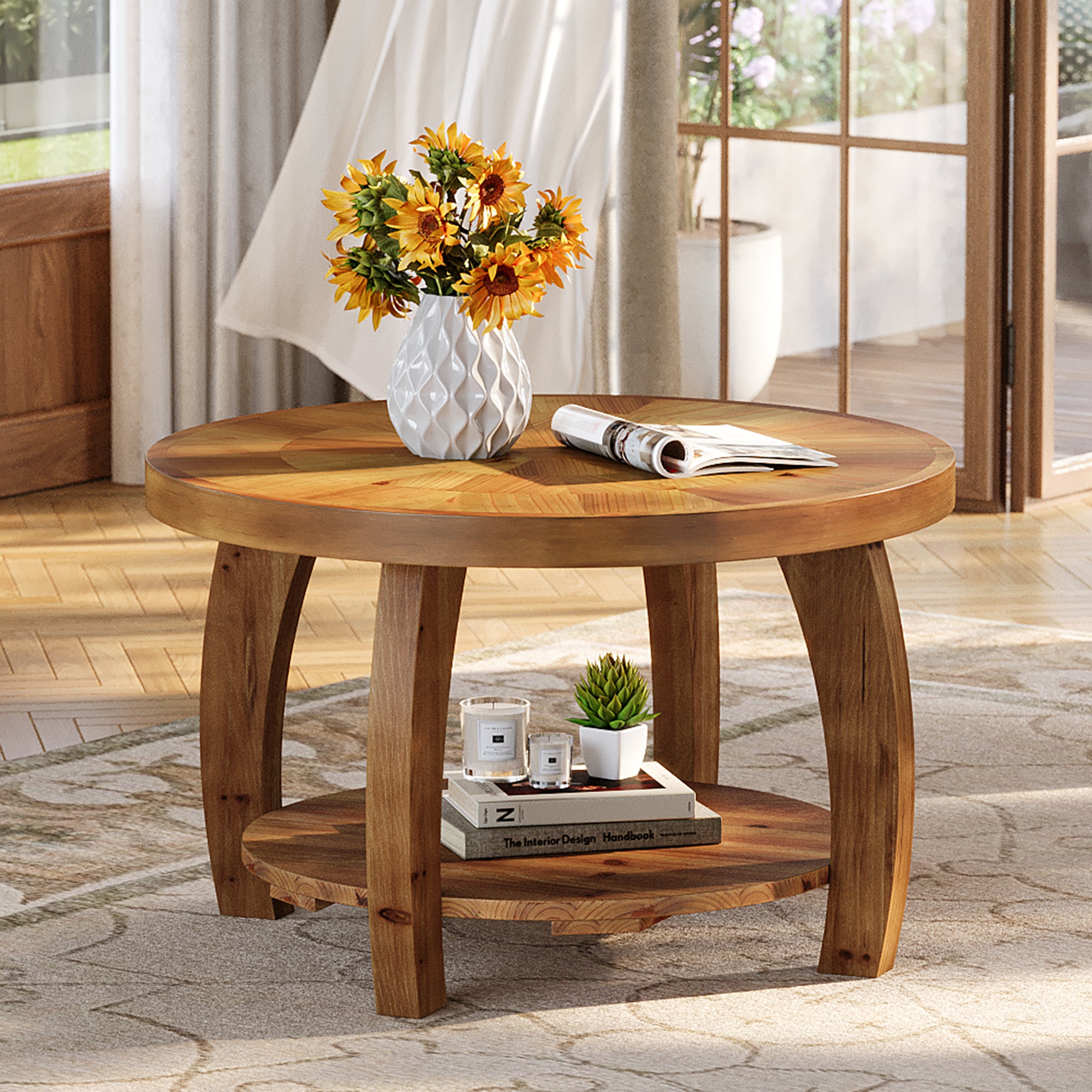 31.5-Inch Solid Wood Round Coffee Table, 2-Tier Center Table with Mosaic Pattern and Storage