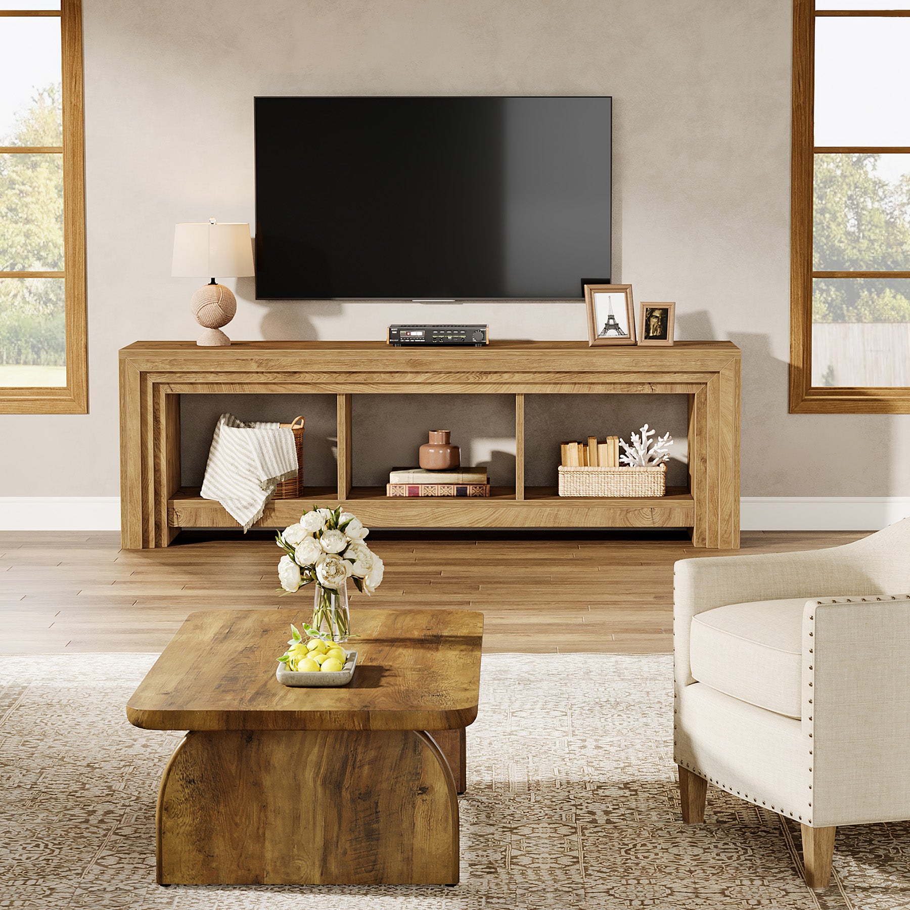 Tribesigns 63-Inch Farmhouse TV Stand, Oak Media Console with Open Storage for Living Room