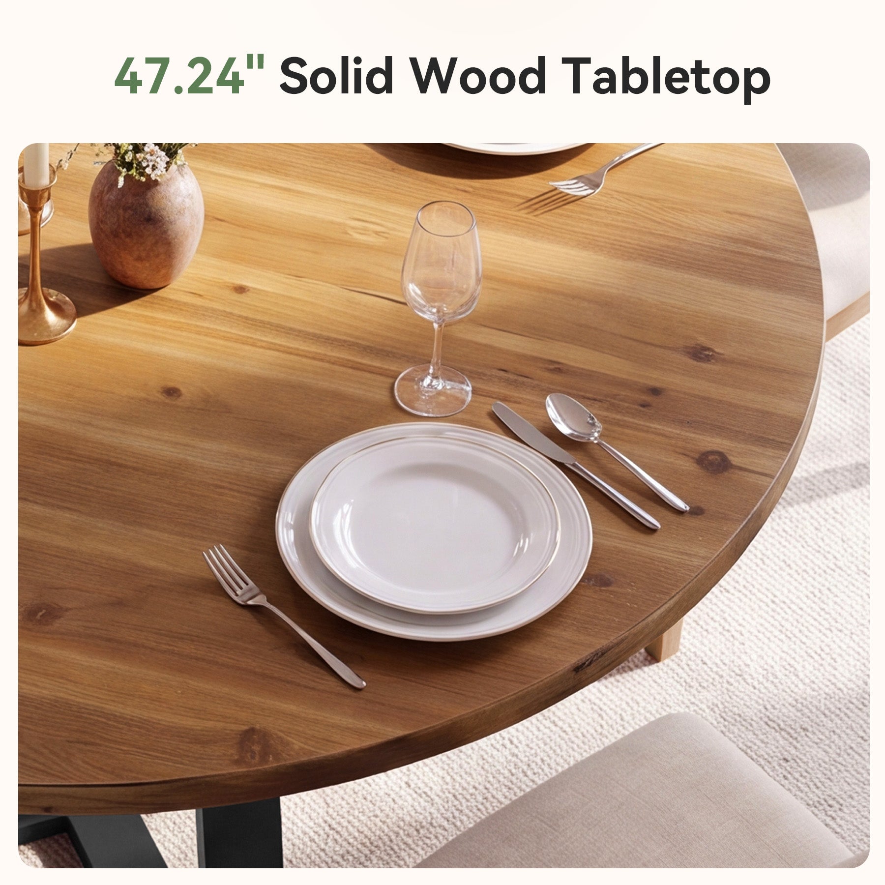 Tribesigns 47-Inch Solid Wood Round Dining Table, 4-6 Person Table with Black Metal Base
