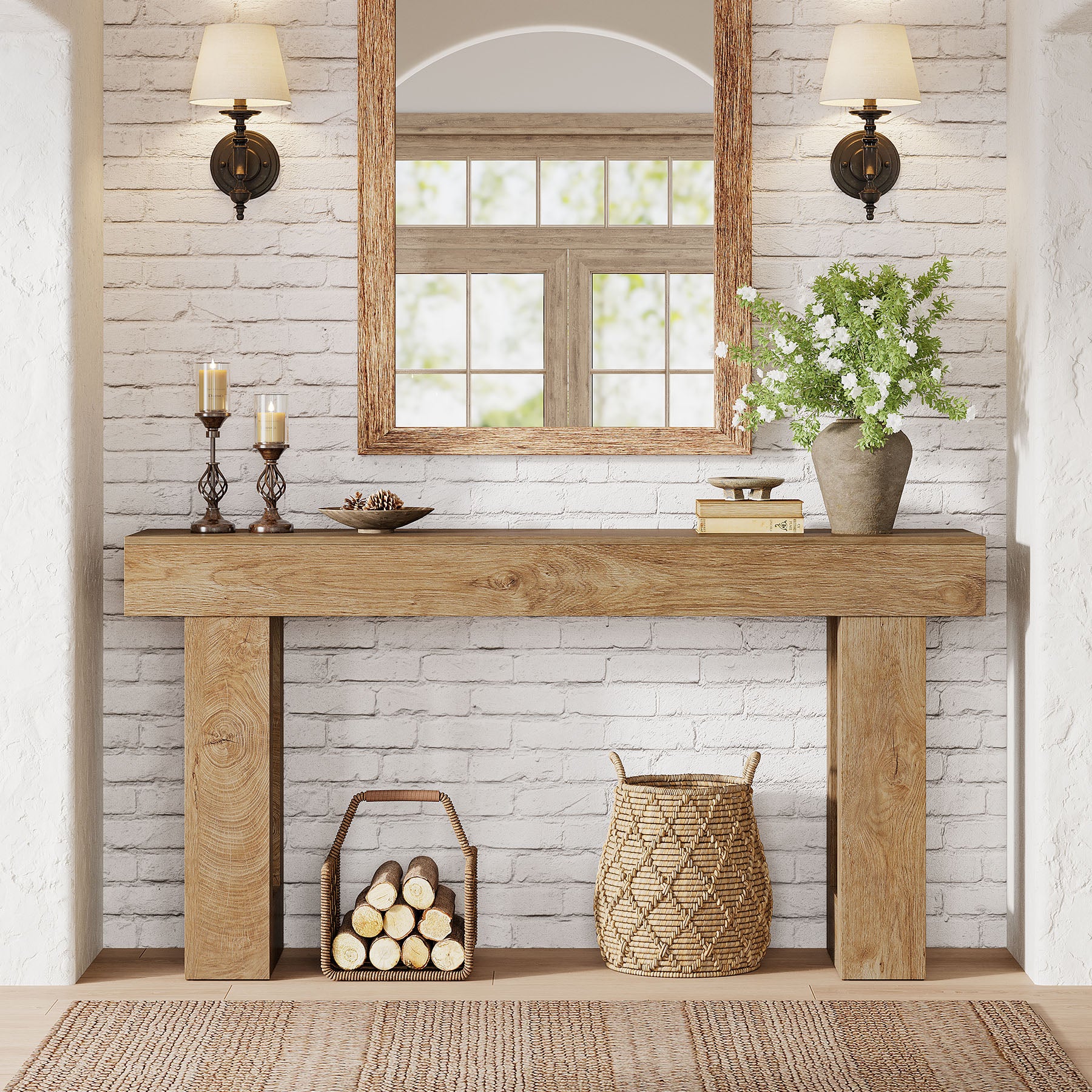 63" Farmhouse Console Table, Rectangular Wooden Accent Table for Entryway and Living Room