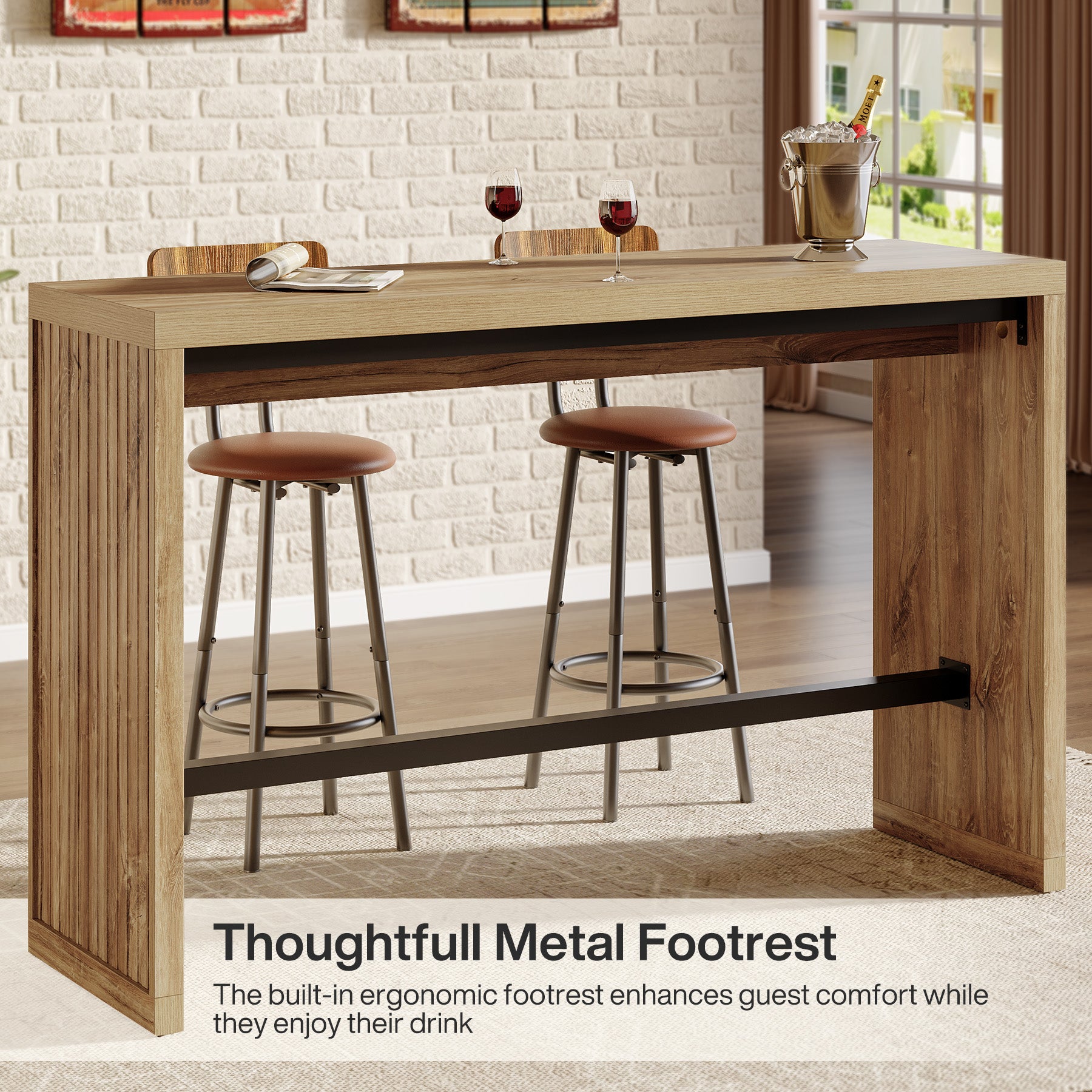 Tribesigns 55-Inch Counter Height Bar Table with Metal Footrest and Fluted Design, Rectangular High Top Pub Table for Home Bar Kitchen and Bistro