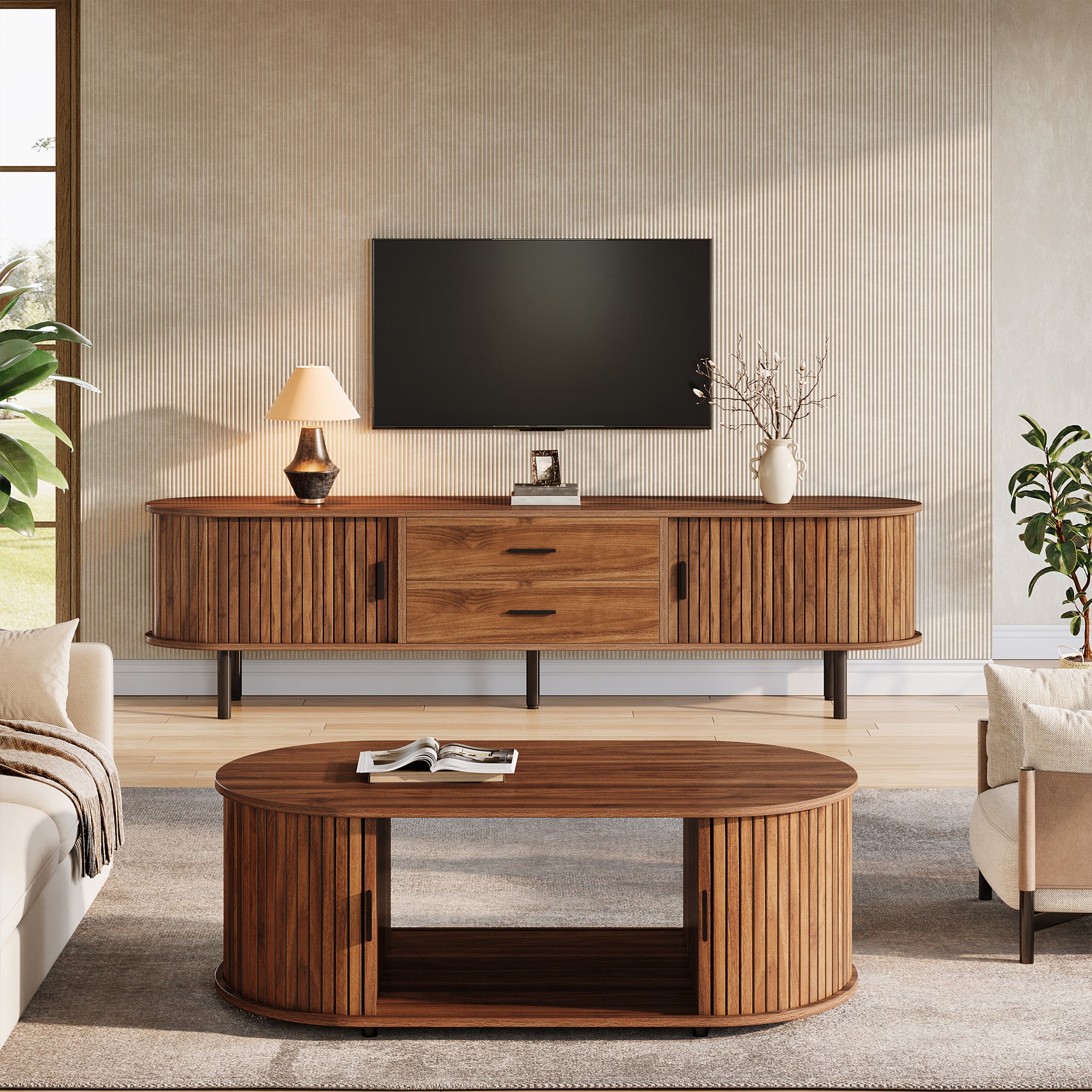 70-Inch TV Stand with Sliding Tambour Door, Mid-Century Media Console for 75-Inch TVs