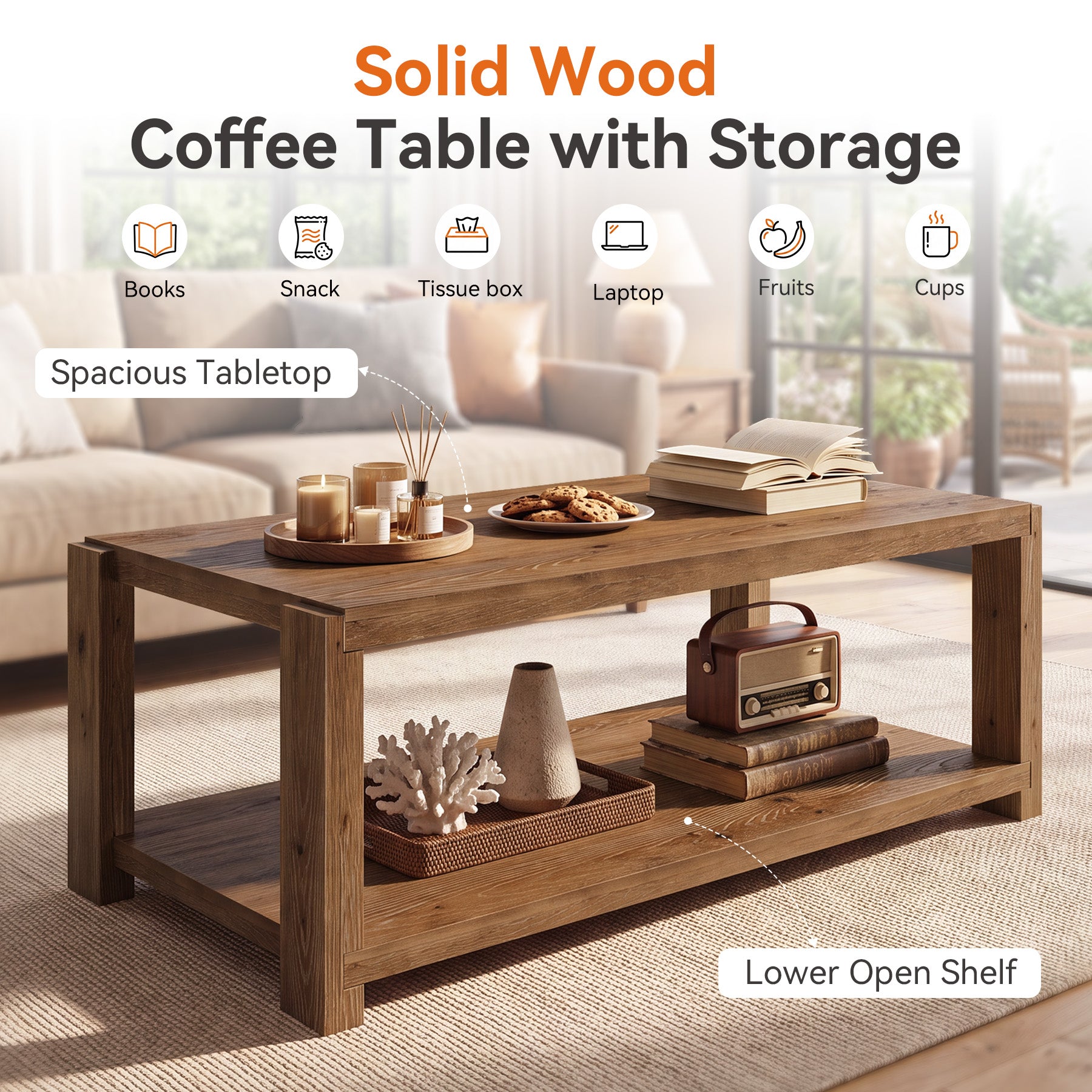 Tribesigns 47-Inch Solid Wood Coffee Table, 2-Tier Farmhouse Cocktail Table with Storage Shelf