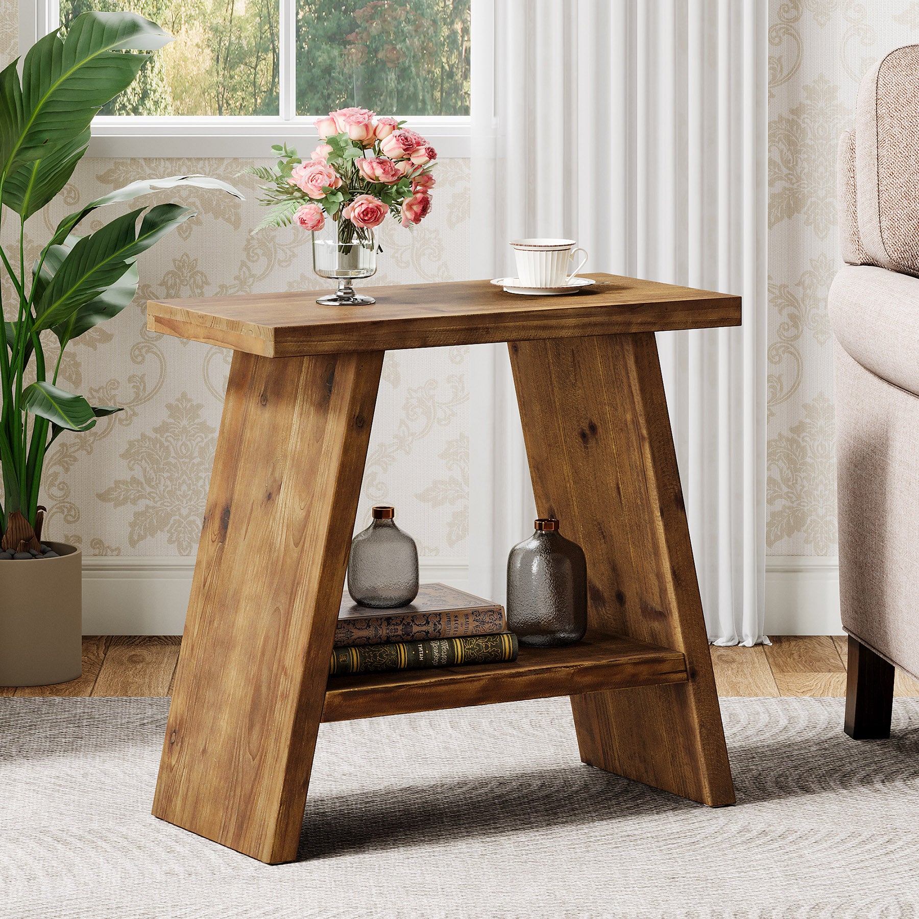 Tribesigns 23.62" Solid Wood End Table, 2-Tier Nightstand for Living Room and Bedroom