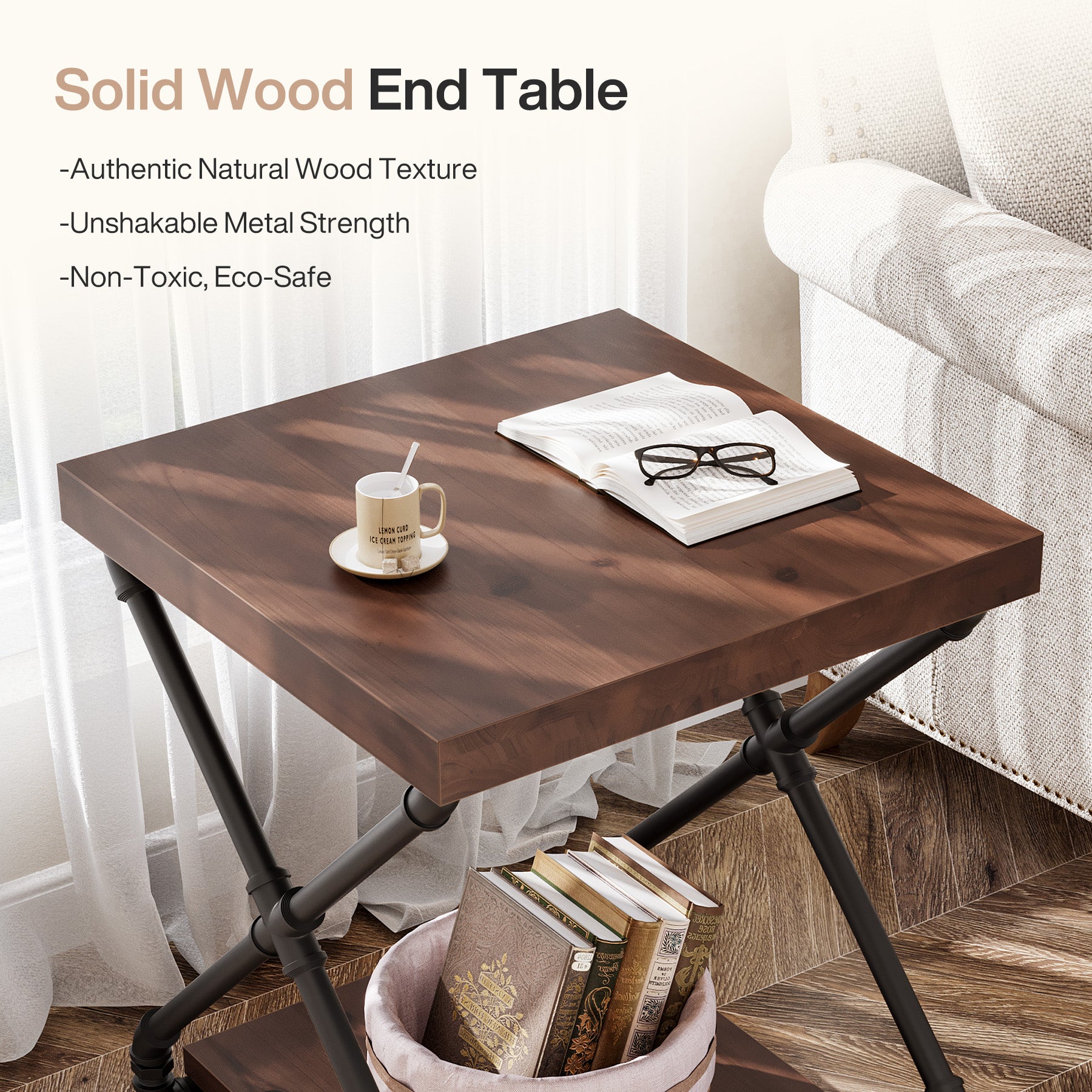 Solid Wood End Table with Storage Shelf and X-Shaped Legs, Small Wood Nightstand