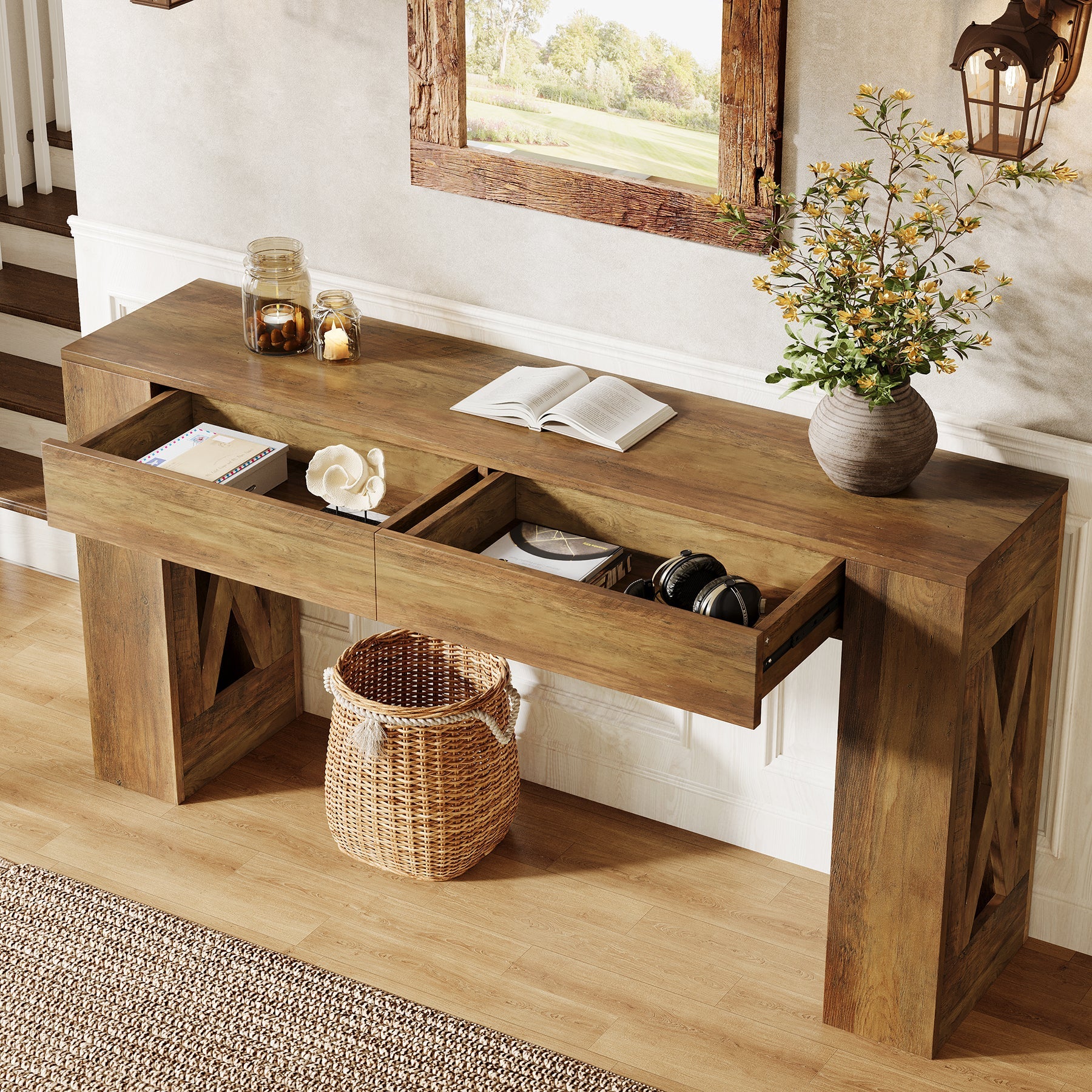 Tribesigns 63-Inch Farmhouse Console Table, X-Leg Sofa Table with 2 Drawers