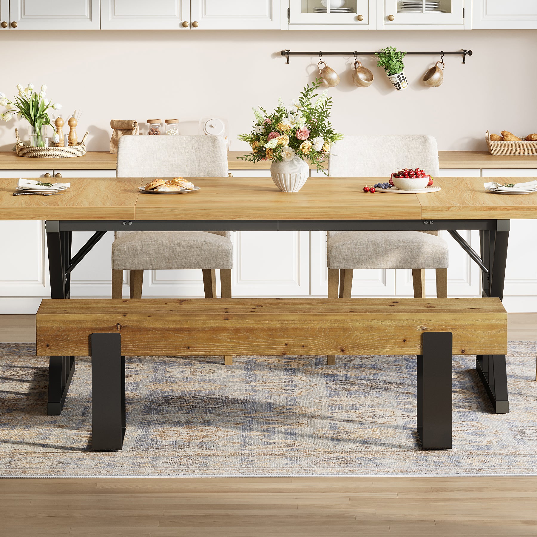 Tribesigns 63-Inch Solid Wood Dining Bench, Farmhouse Kitchen Seat with Metal Legs for Dining Room