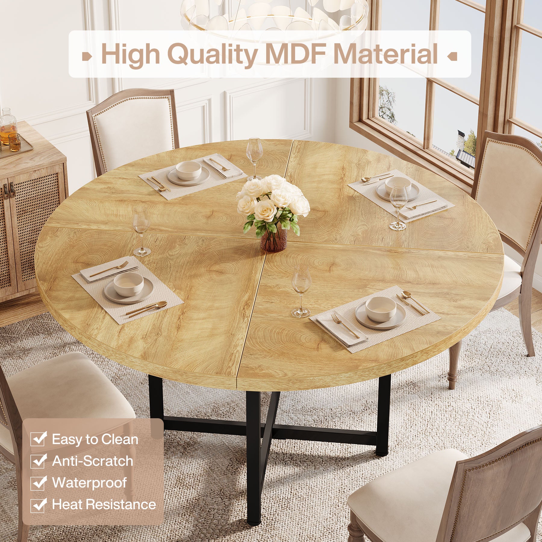 47" Round Dining Table, Heavy-Duty Metal Base, Space-Saving