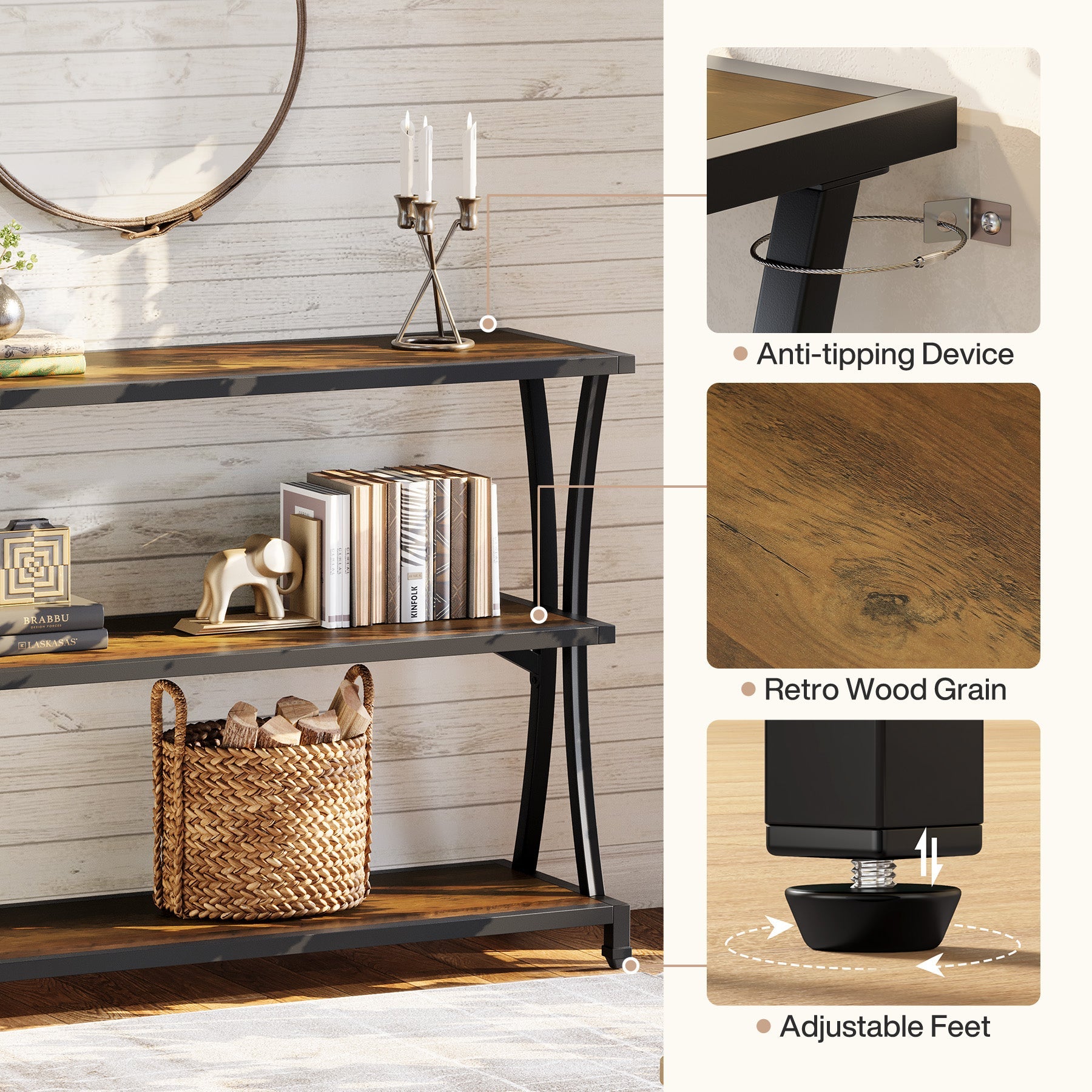 63" Industrial 3-Tier Console Table, Rustic Narrow Sofa Table with Storage Shelves