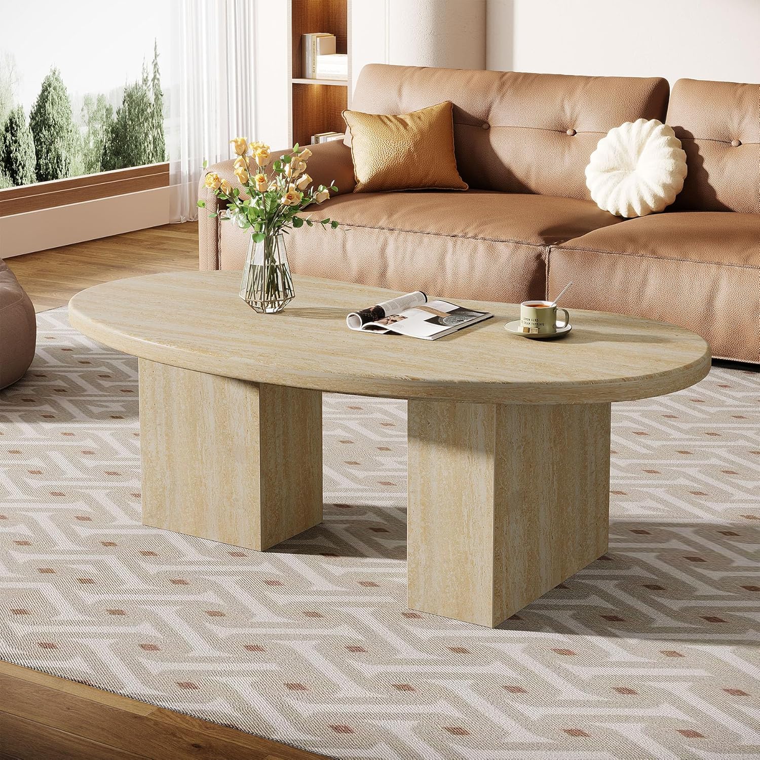 45.28" Oval Oak Coffee Table - Large Asymmetric Pedestal Cocktail Table in Engineered Wood for Living Room
