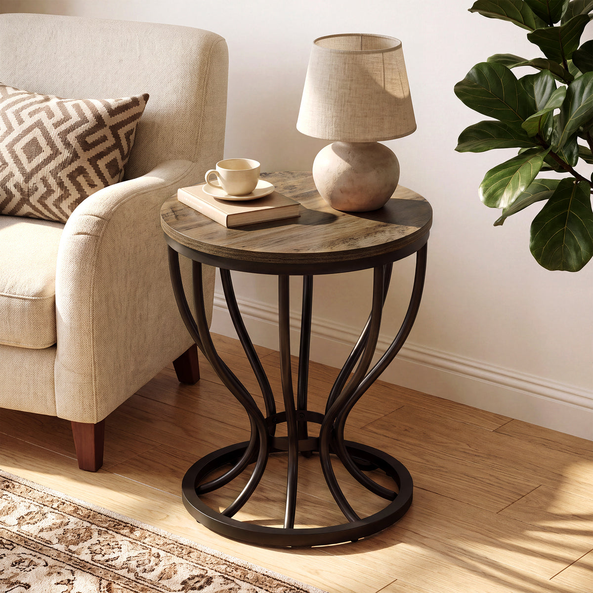 Tribesigns 19.7-Inch Round Side Table with Metal Frame, Rustic Accent Table for Living Room