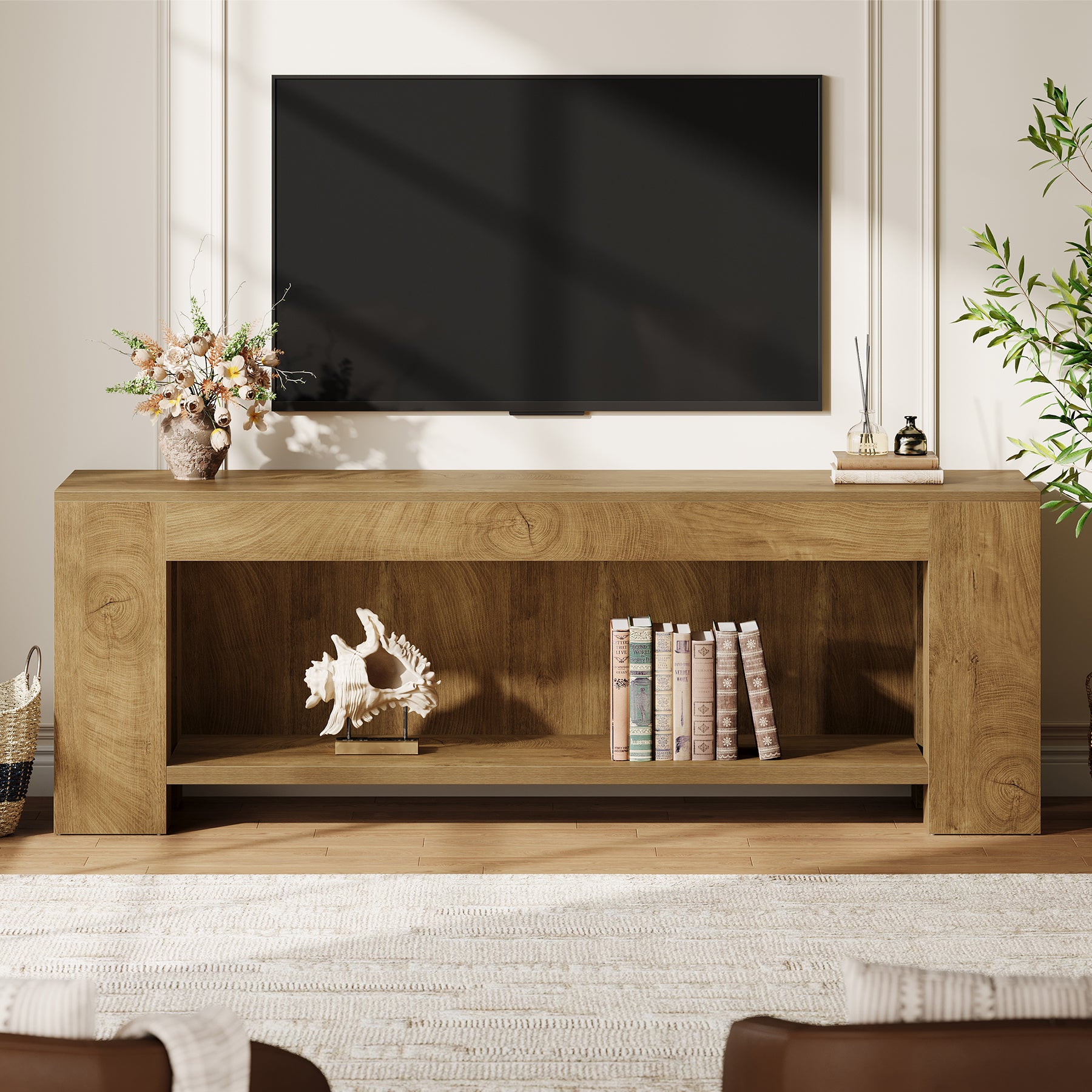 63-Inch TV Stand for 55 to 75-Inch TVs with Open Storage Shelves, Rustic Media Console Table for Living Room