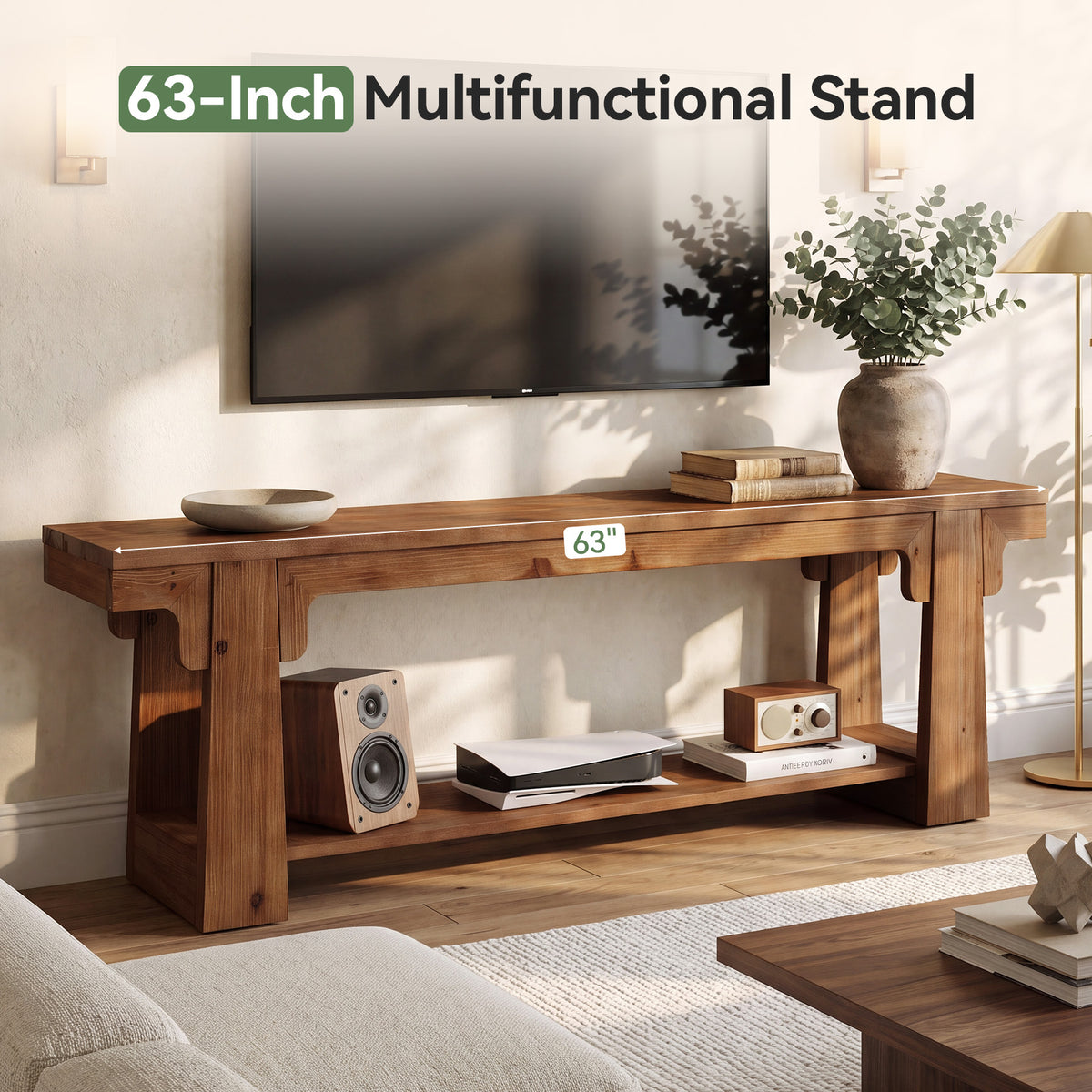 Tribesigns 63 Inch Solid Wood TV Stand with Curved A-Legs, Farmhouse Media Console for Living Room