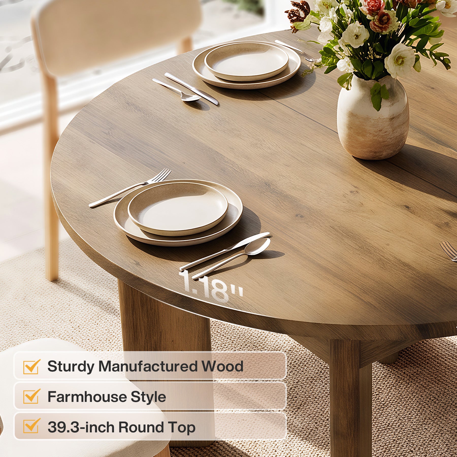 Tribesigns 39-Inch Round Dining Table for 4, Farmhouse Kitchen Table with Rounded Edge Design