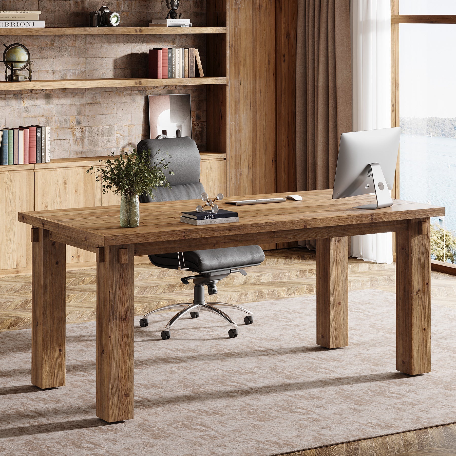 63-Inch Solid Wood Executive Desk with Thick Top, Farmhouse Computer Desk for Home Office