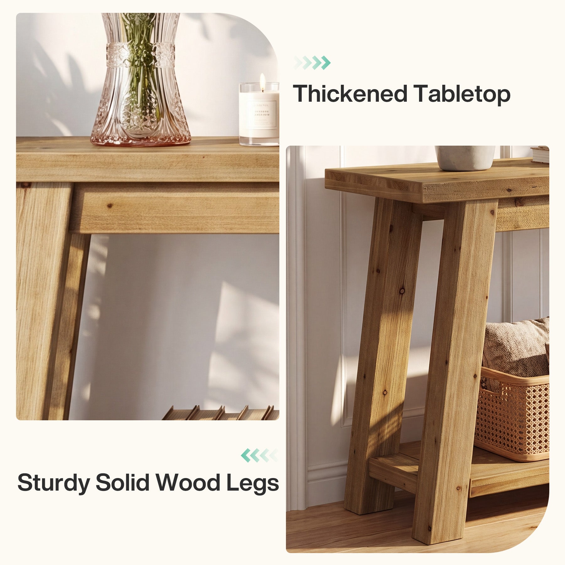 70.9-Inch Solid Wood Console Table with 2-Tier Storage Shelf, Farmhouse Entryway Table for Living Room and Hallway