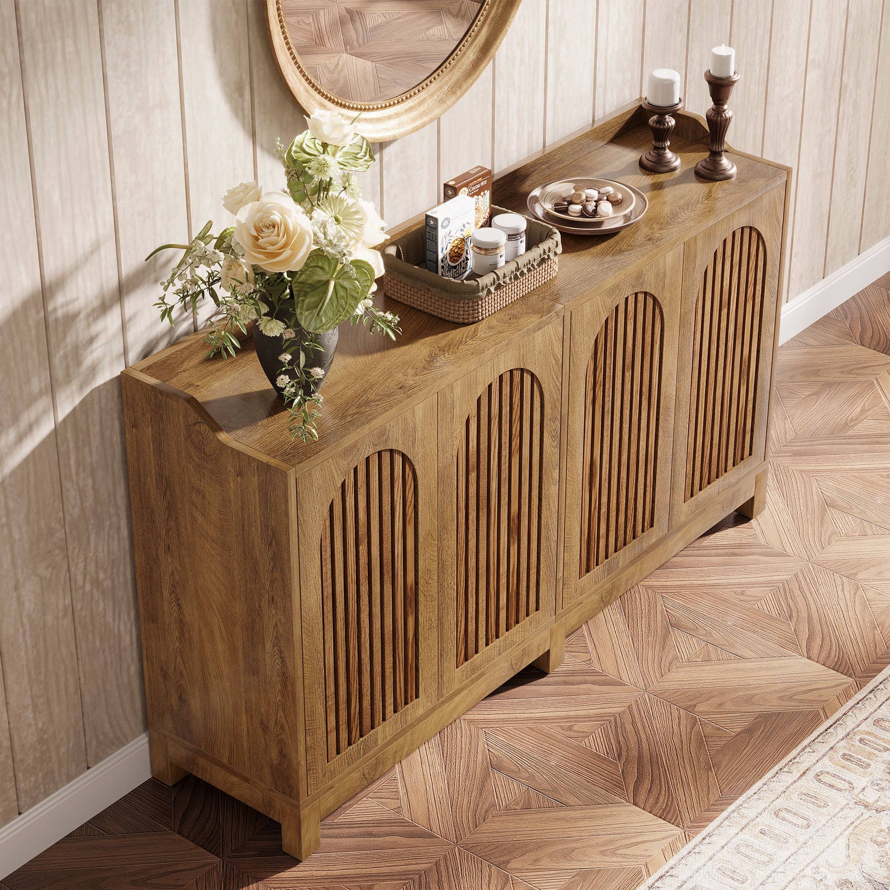57-Inch Buffet Cabinet with Adjustable Shelves and Grille Doors, Long Sideboard Cabinet for Dining Room