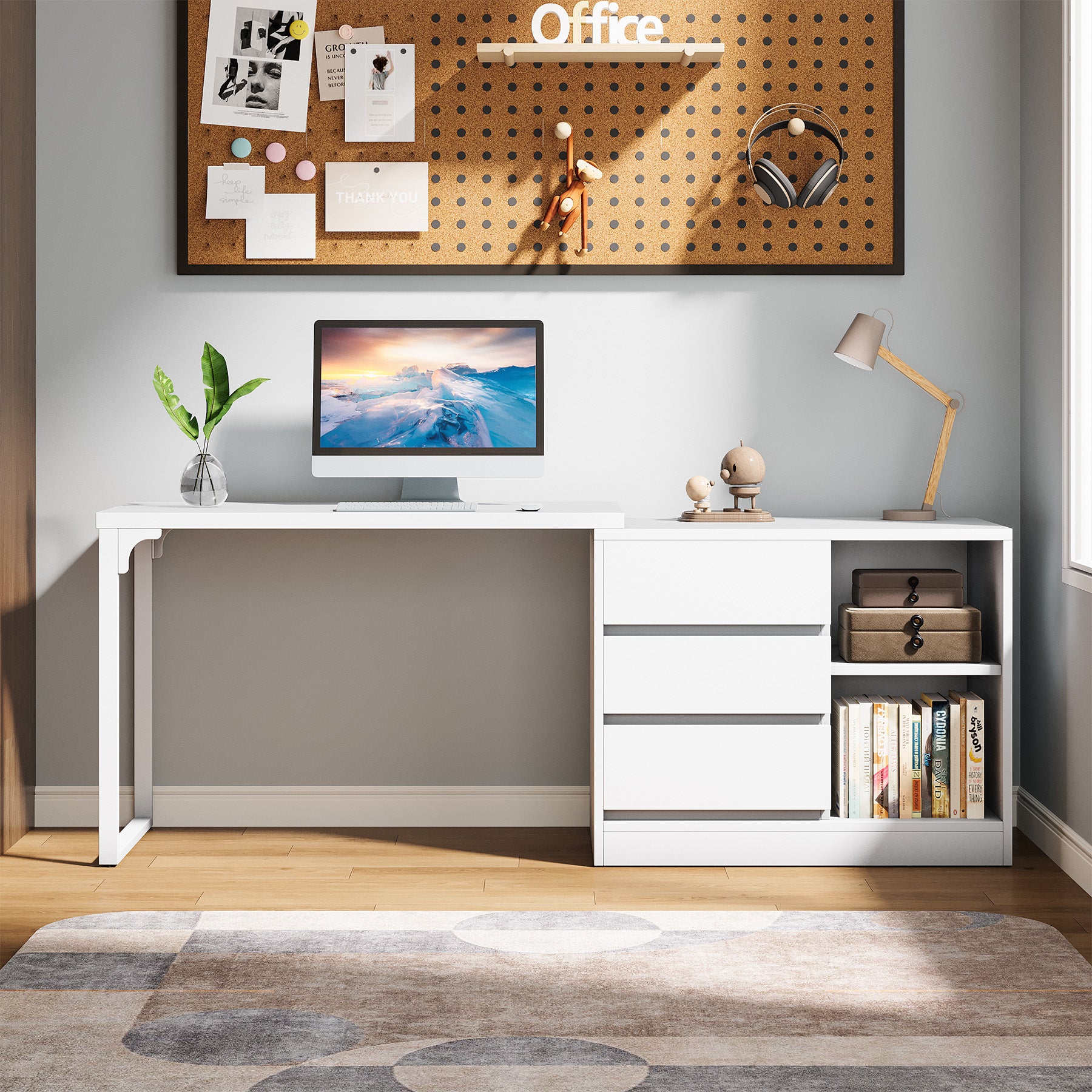 Tribesigns Reversible L-Shaped Computer Desk with Drawers and Shelves, White Corner Office Desk for Home Office and Bedroom