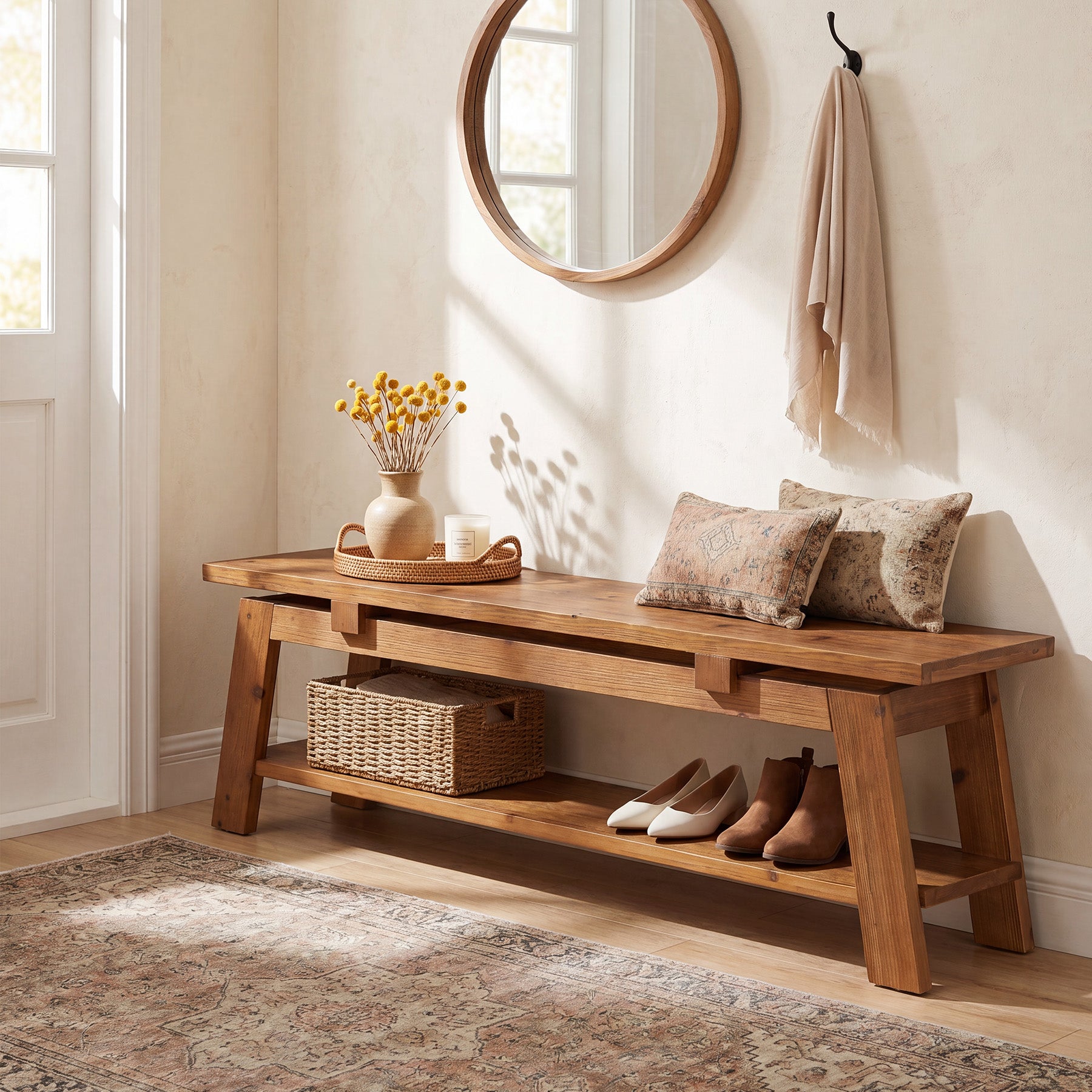 55-Inch Solid Wood Shoe Storage Bench with Lower Shelf, Farmhouse Entryway Seating for Hallway