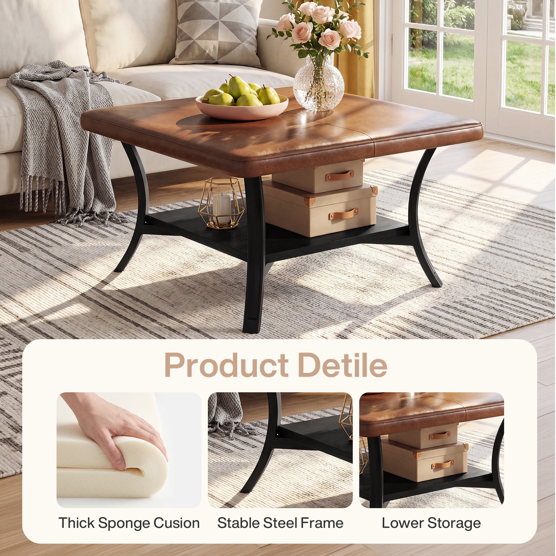 31.5-Inch Square Coffee Table, Upholstered Ottoman with PU Leather Top for Living Room