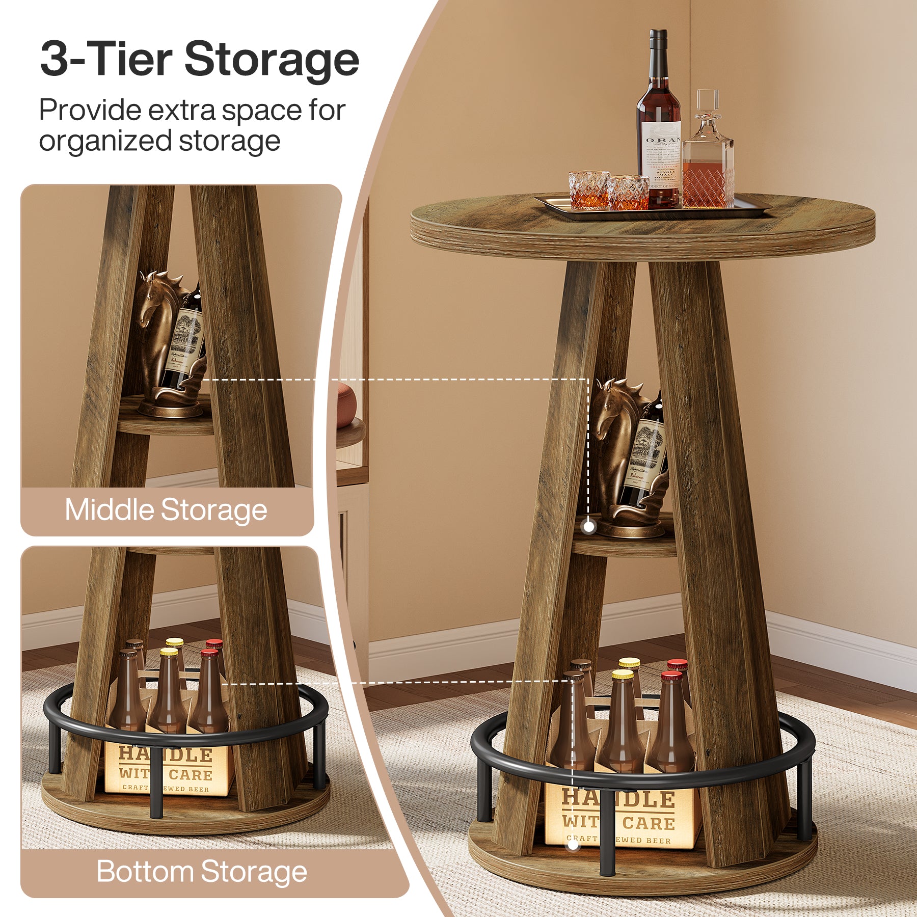 39.4-Inch Round Bar Table, High Top Industrial Bistro Table with Storage and Metal Footrest