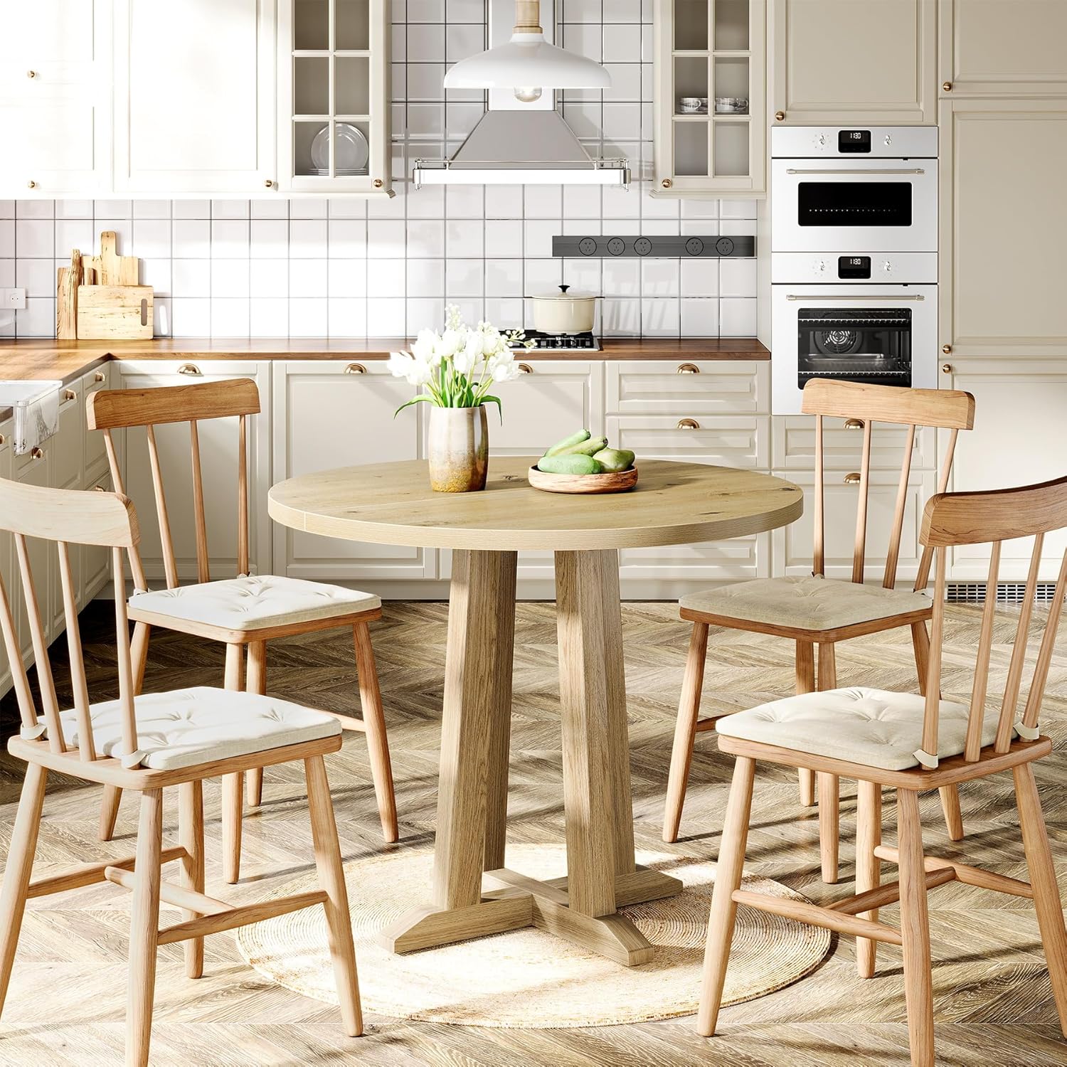 31.5" Round Farmhouse Dining Table for Small Spaces - Sturdy Base, Seats 2-4
