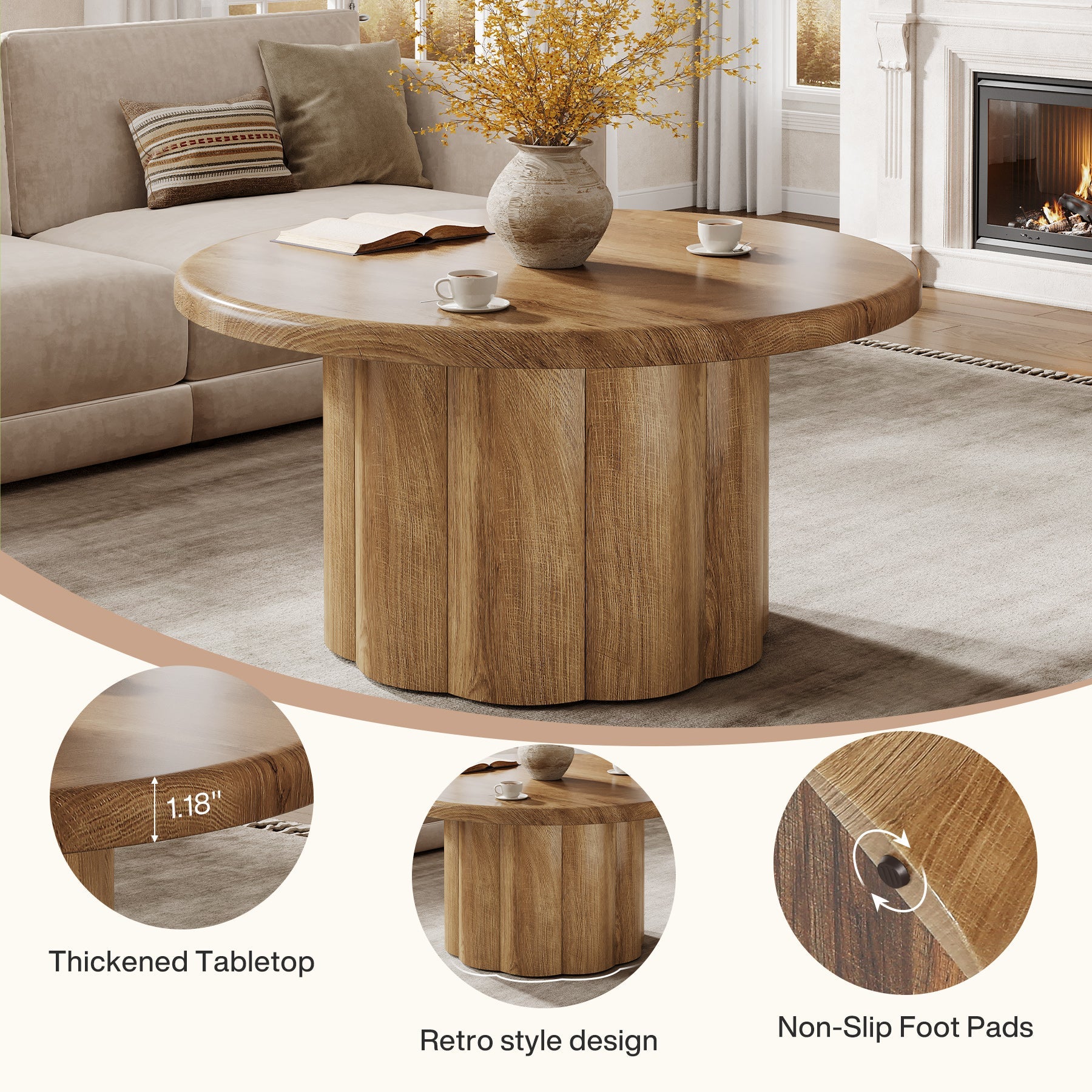 Rustic Fluted Drum Table,31.5" Round Farmhouse Center Table for Cozy Living