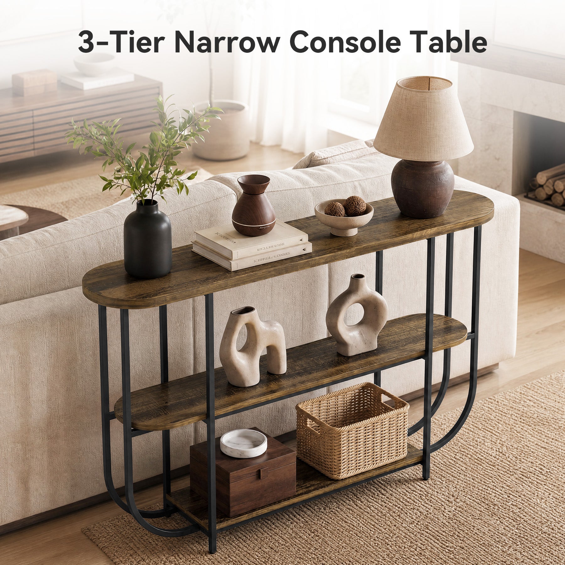 Tribesigns 63-Inch 3-Tier Narrow Console Table with Curved Metal Frame, Modern Vintage Entryway Sofa Table for Living Room