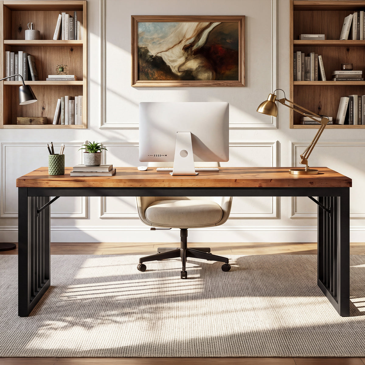 Tribesigns 63 Inch Solid Wood Executive Desk with Metal Frame, Farmhouse Home Office Computer Desk