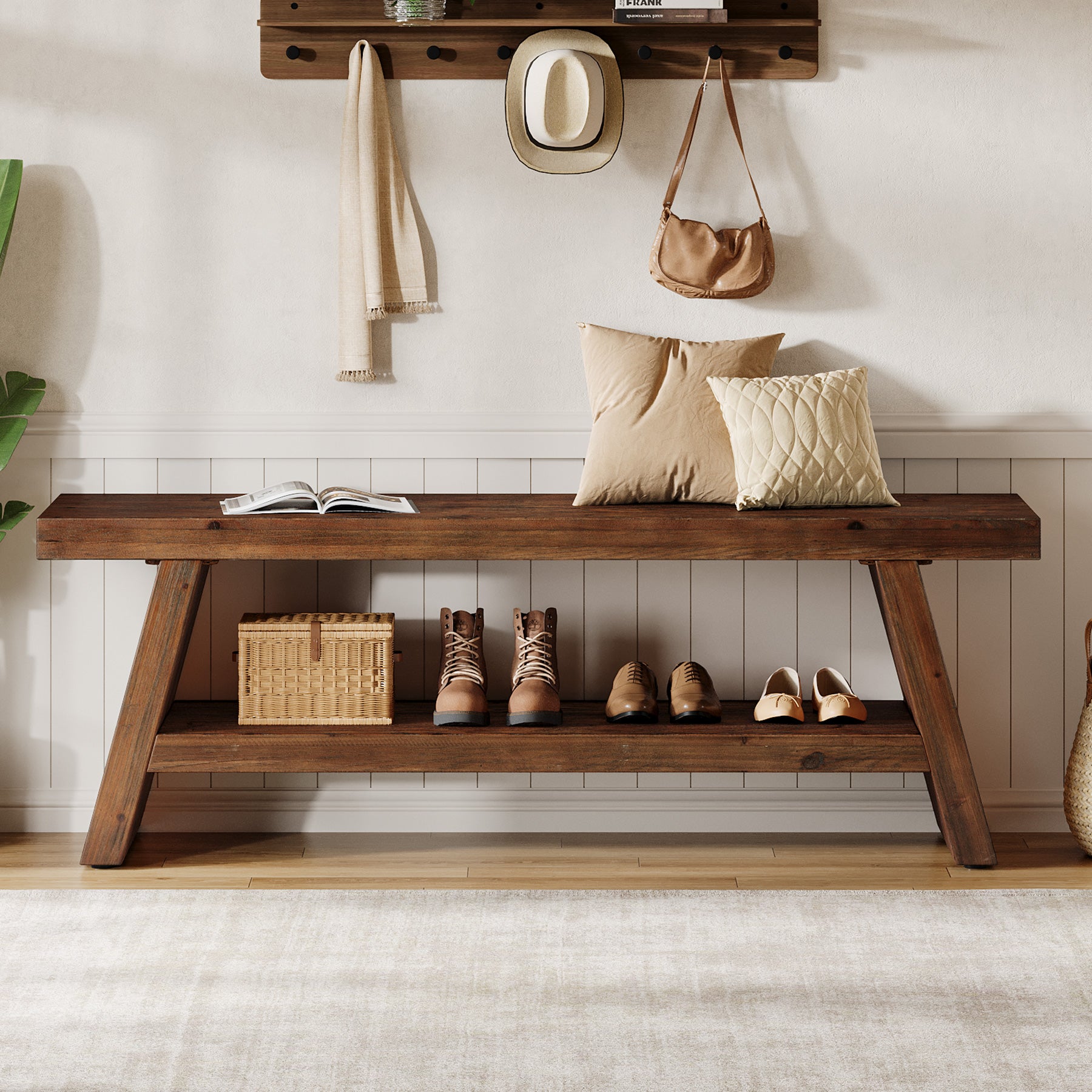 Tribesigns 47-Inch 2-Tier Wooden Storage Bench, Open Shelving Hallway Seat with Solid Fir Frame for Living Room