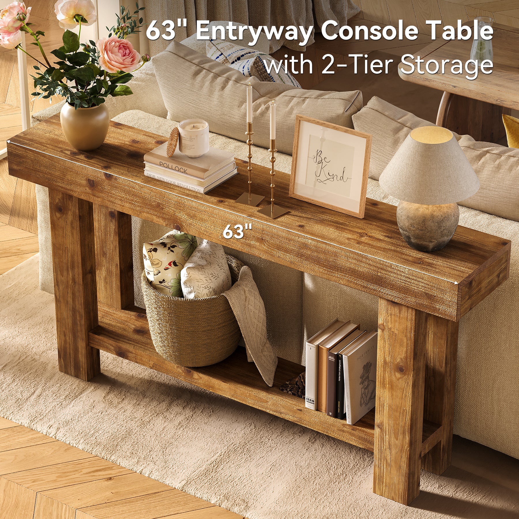 63-Inch Solid Wood Console Table with 2-Tier Storage Shelf, Farmhouse Narrow Sofa Table for Entryway