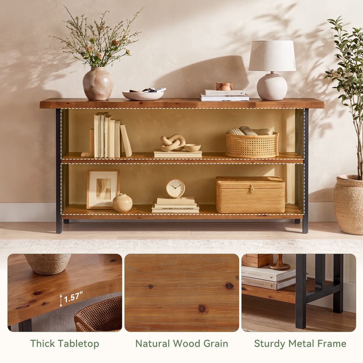 Tribesigns 63 Inch Solid Wood Live Edge Console Table with 3-Tier Shelves, Rustic Hallway Sofa Table