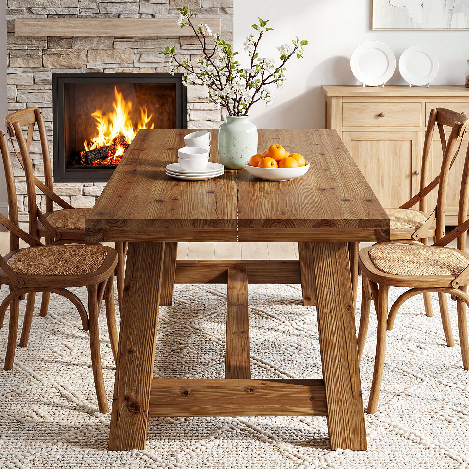 Tribesigns 63-Inch Solid Wood Dining Table, Farmhouse Table with Thick Top & Trestle Base