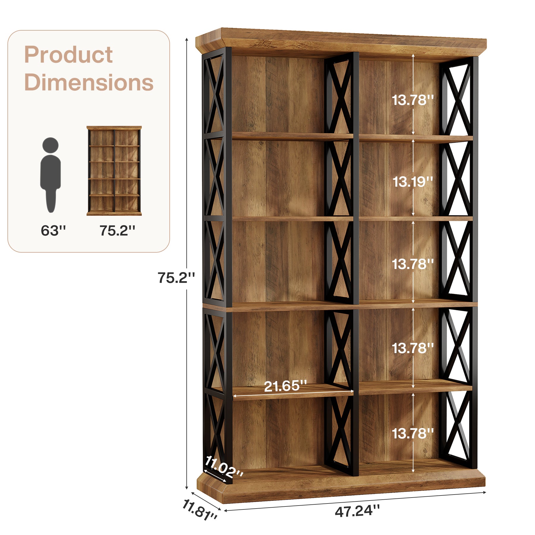 Tribesigns 75-Inch Tall Double Wide Bookcase, 6-Tier Industrial Bookshelf with X-Pattern Frame