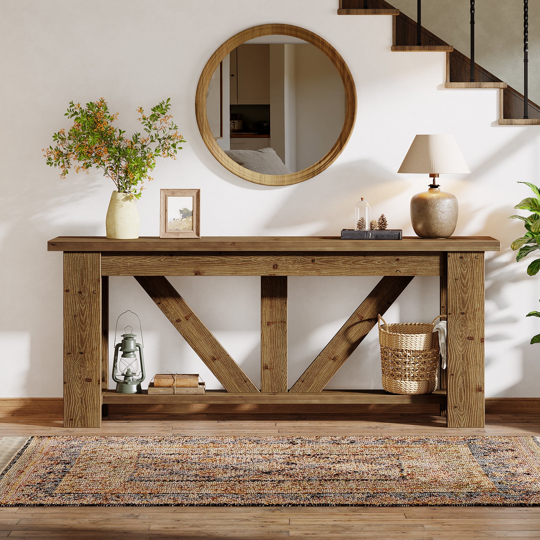 70.9-Inch Solid Wood Console Table with Triangular Base, 2-Tier Sofa Table for Hallway