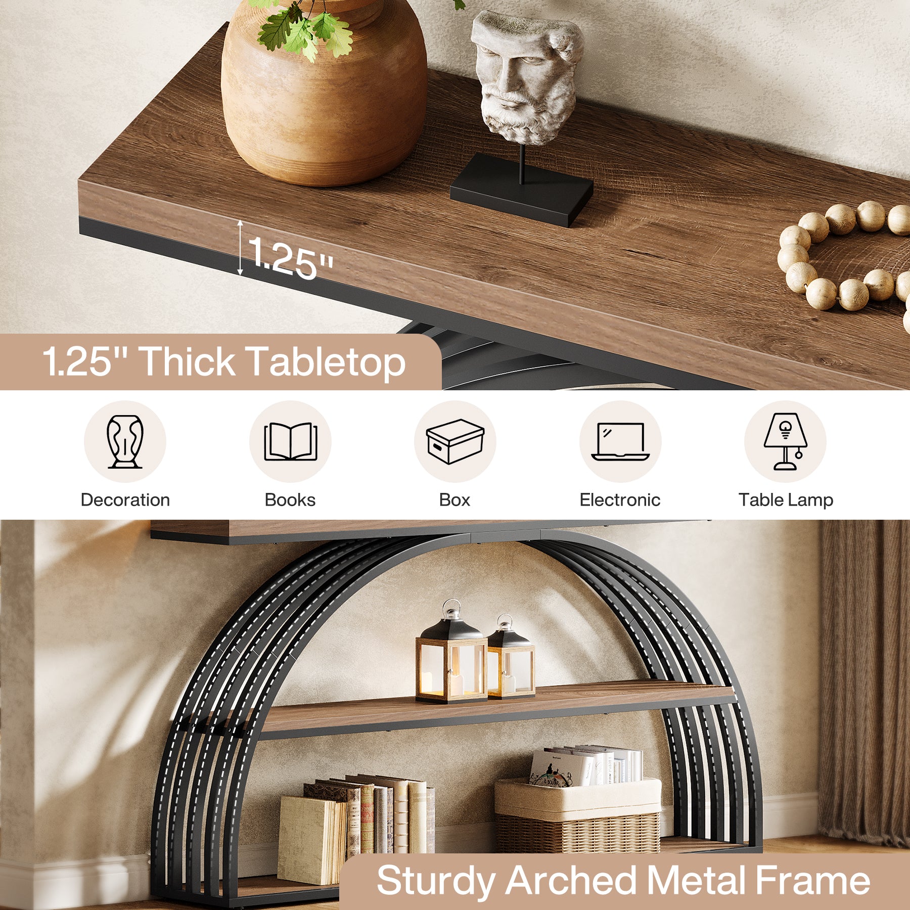 Tribesigns 63-Inch Console Table with 3-Tier Storage Shelves, Arched Frame Sofa Table for Living Room