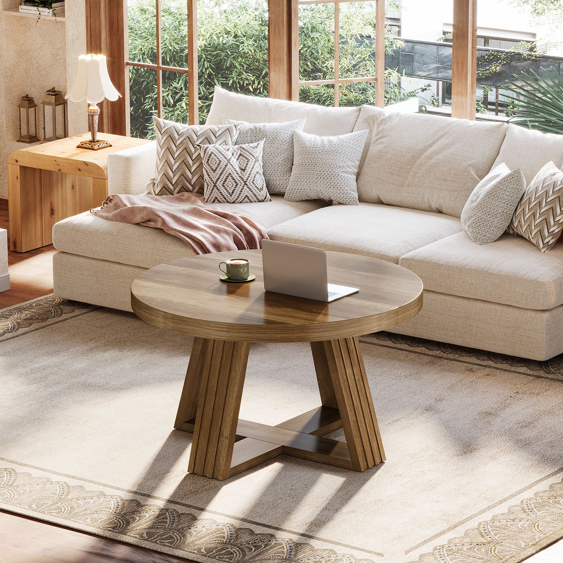 31.5-Inch Round Coffee Table with Thick MDF Tabletop and Cross Base, Rustic Farmhouse Center Table for Living Room