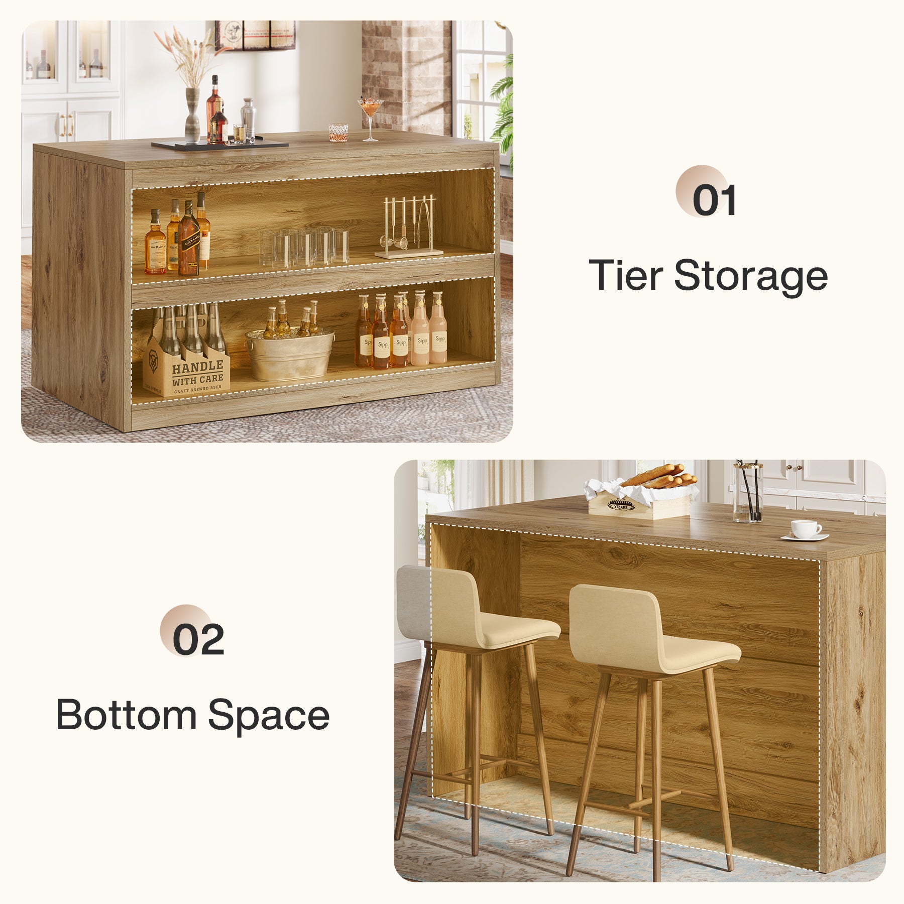 59 Inch Home Bar Table with 2-Tier Shelves, Farmhouse Pub Table for Kitchen and Bistro