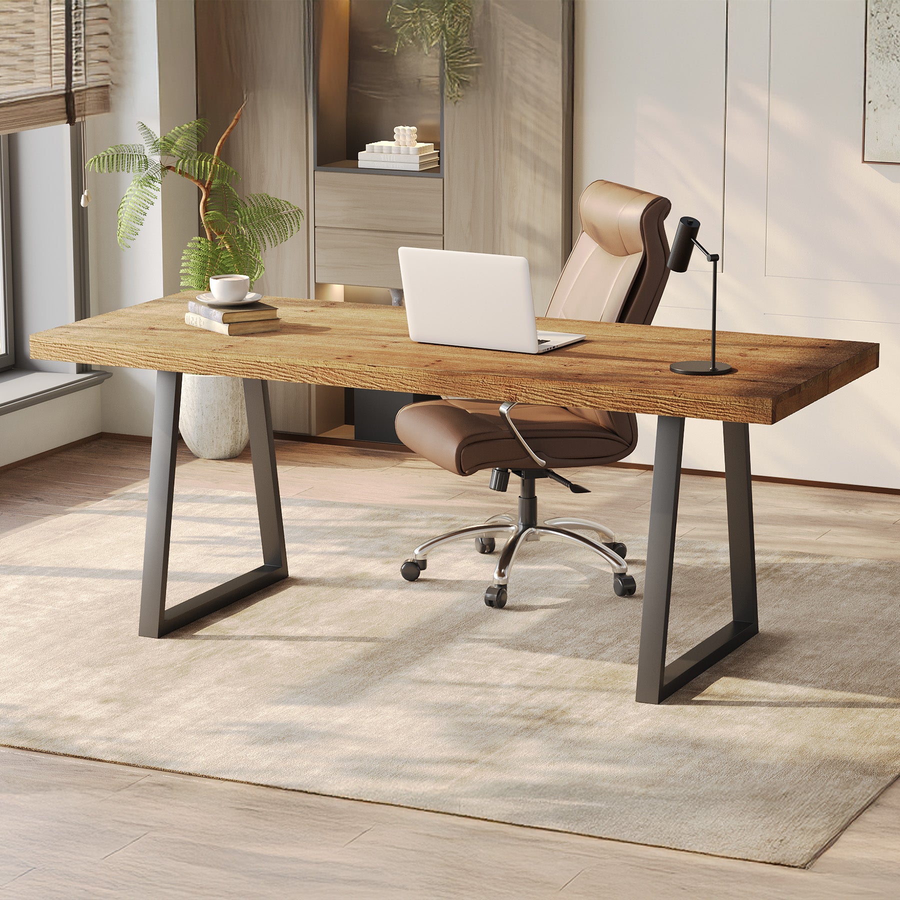 Tribesigns 63-Inch Industrial Executive Desk with Solid Wood Panels and Metal Legs, Computer Writing Desk for Home Office Study and Small Conference Room