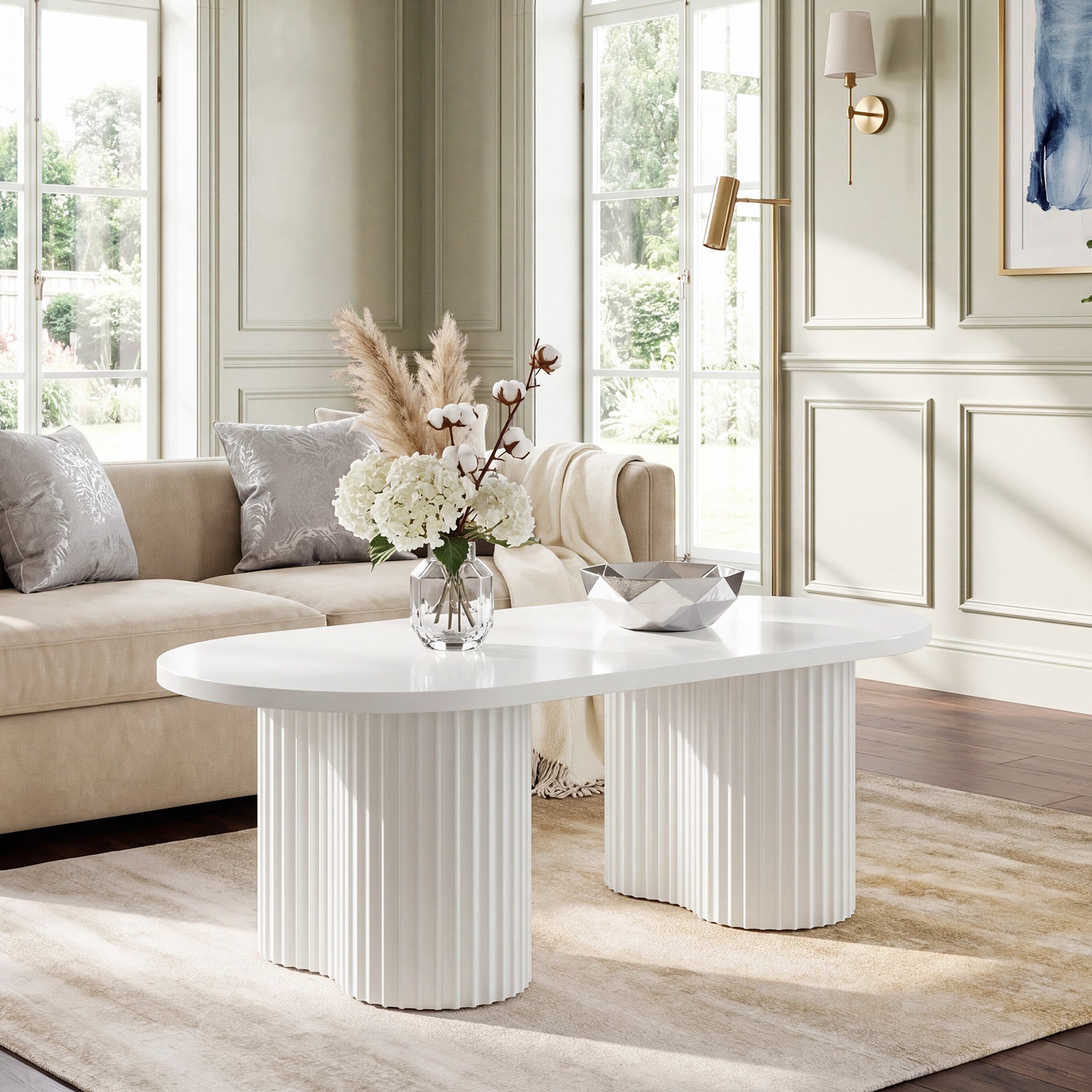 Tribesigns 47-Inch Oval Coffee Table with Fluted Design, Modern White Center Table for Living Room and Office