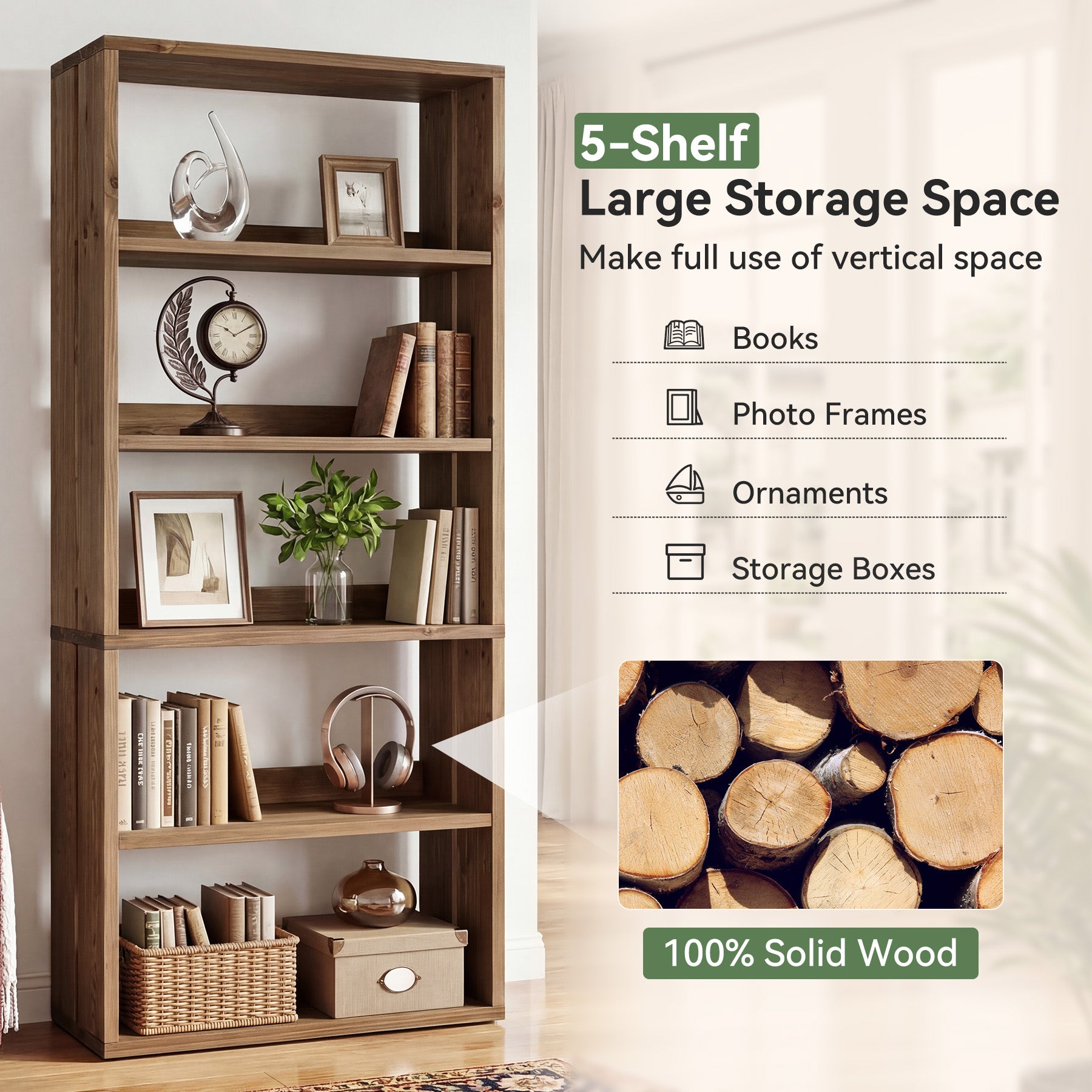70.8 Inch Solid Wood Bookshelf, 5 Tier Rustic Bookcase with Display Storage for Home