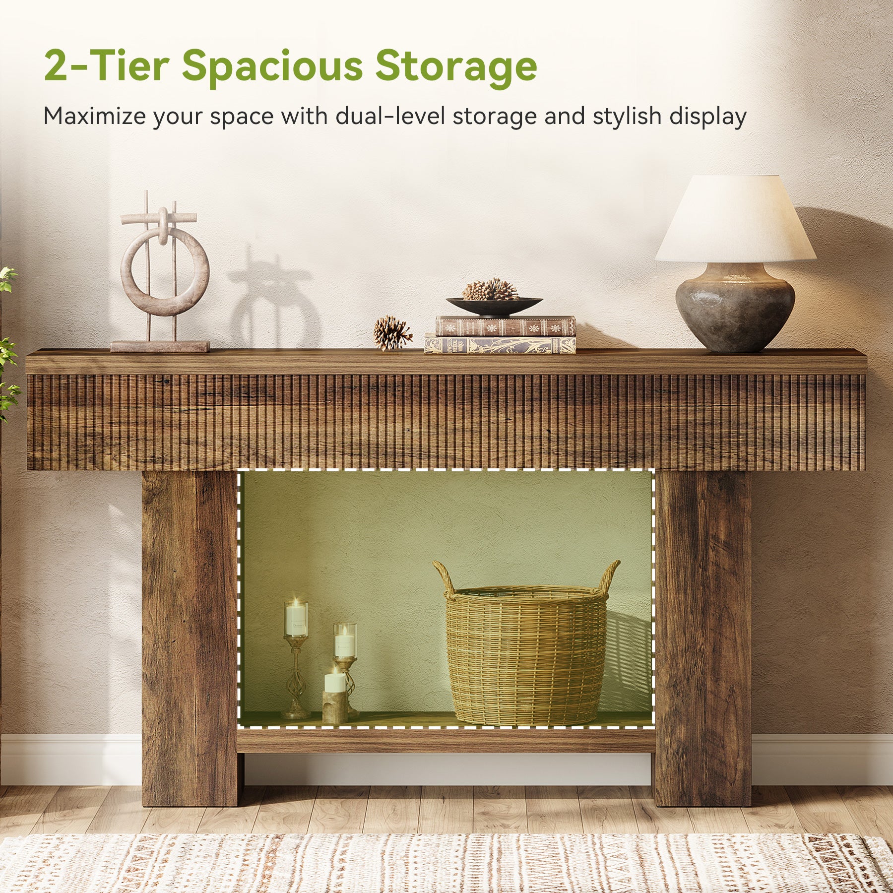 55-Inch Farmhouse Console Table with 2-Tier Storage and U-Shaped Base, Narrow Entryway Sofa Table for Hallway