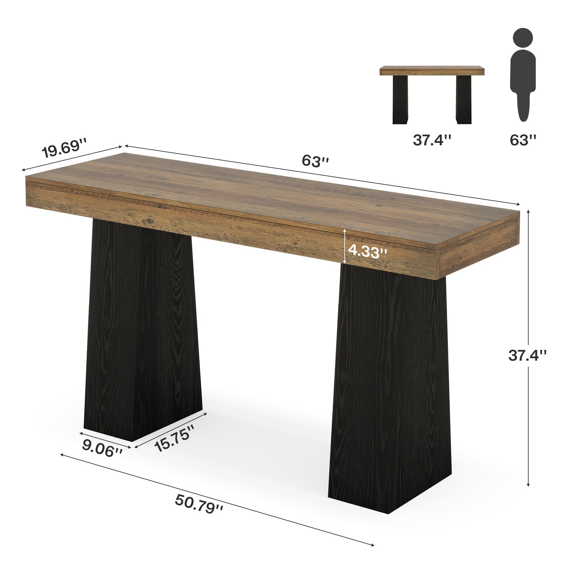 63-Inch Bar Height Table with Thick Top, Rustic Wood Counter Table for Kitchen