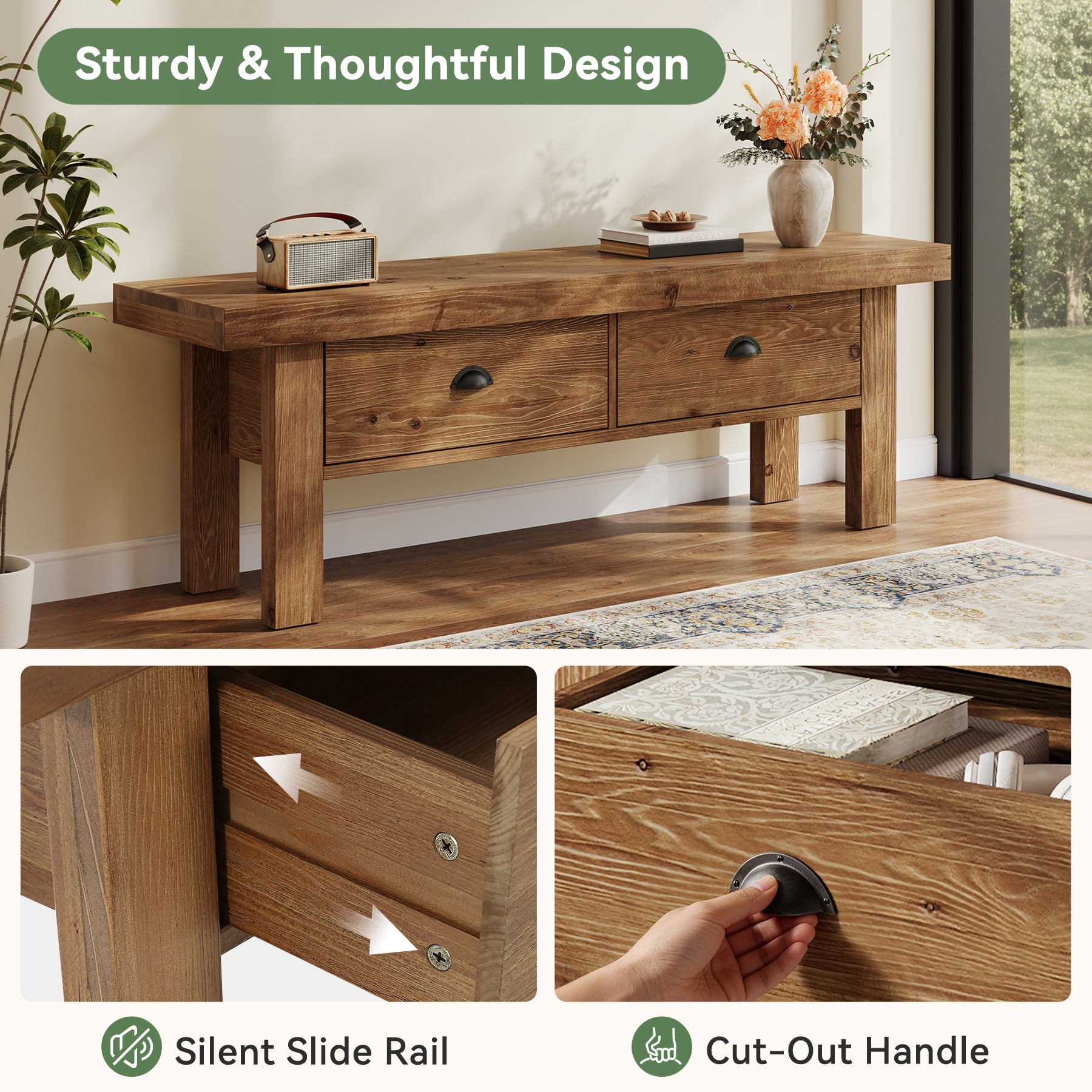 Tribesigns 55 Inch Solid Wood Storage Bench with 2 Drawers, Farmhouse Entryway Seat for Hallway