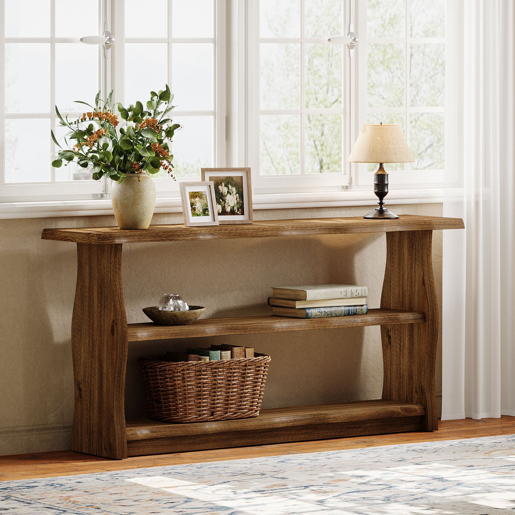 63-Inch Solid Wood Console Table with 3-Tier Open Storage, Rustic Pinewood Entryway Table for Hallway