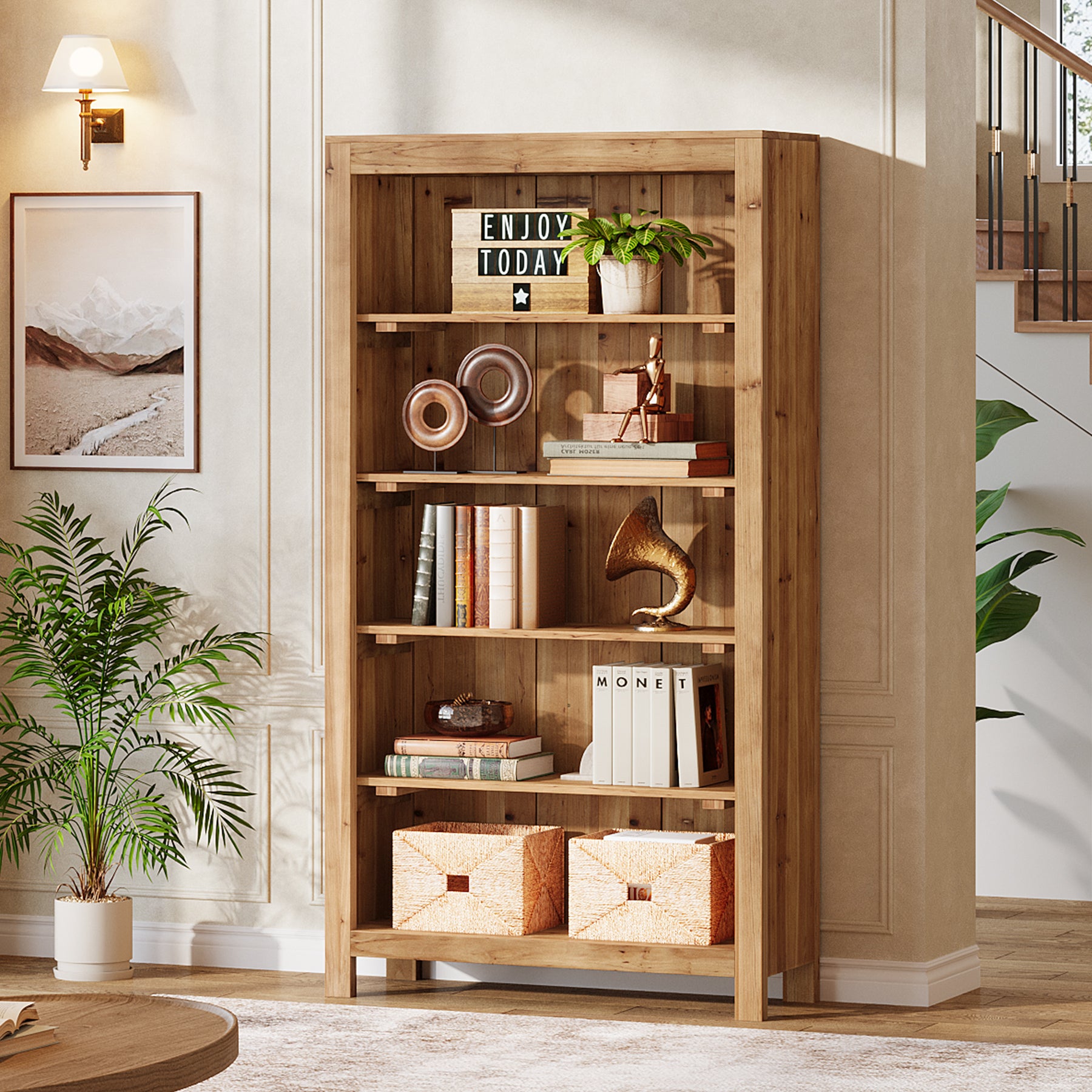 Tribesigns 5-Tier Farmhouse Bookcase with Slatted Back Panel, Solid Wood Bookshelf for Home Office and Library
