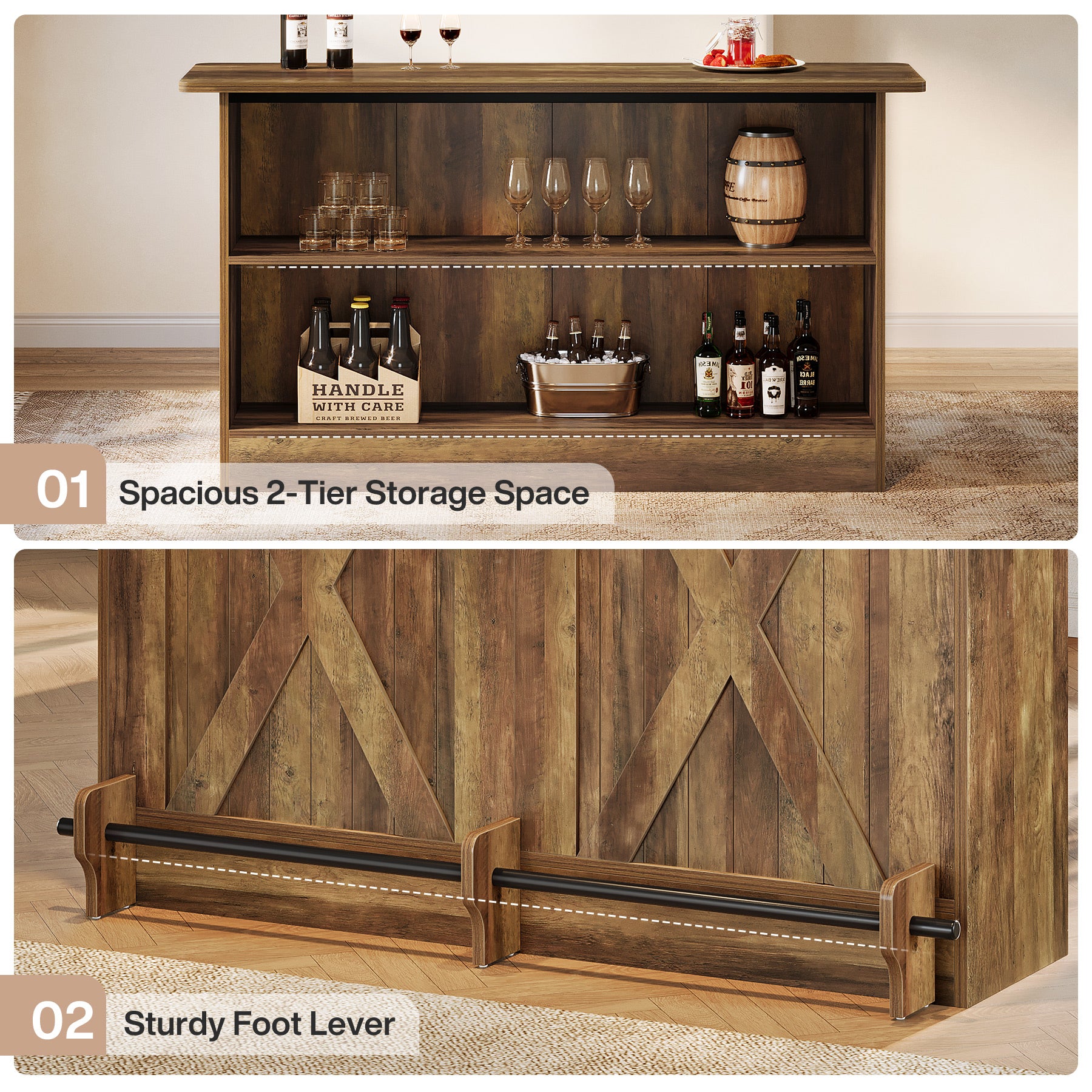 63-Inch Bar Table with 2-Tier Storage Shelves and Metal Footrest for Bistro and Basement Bar